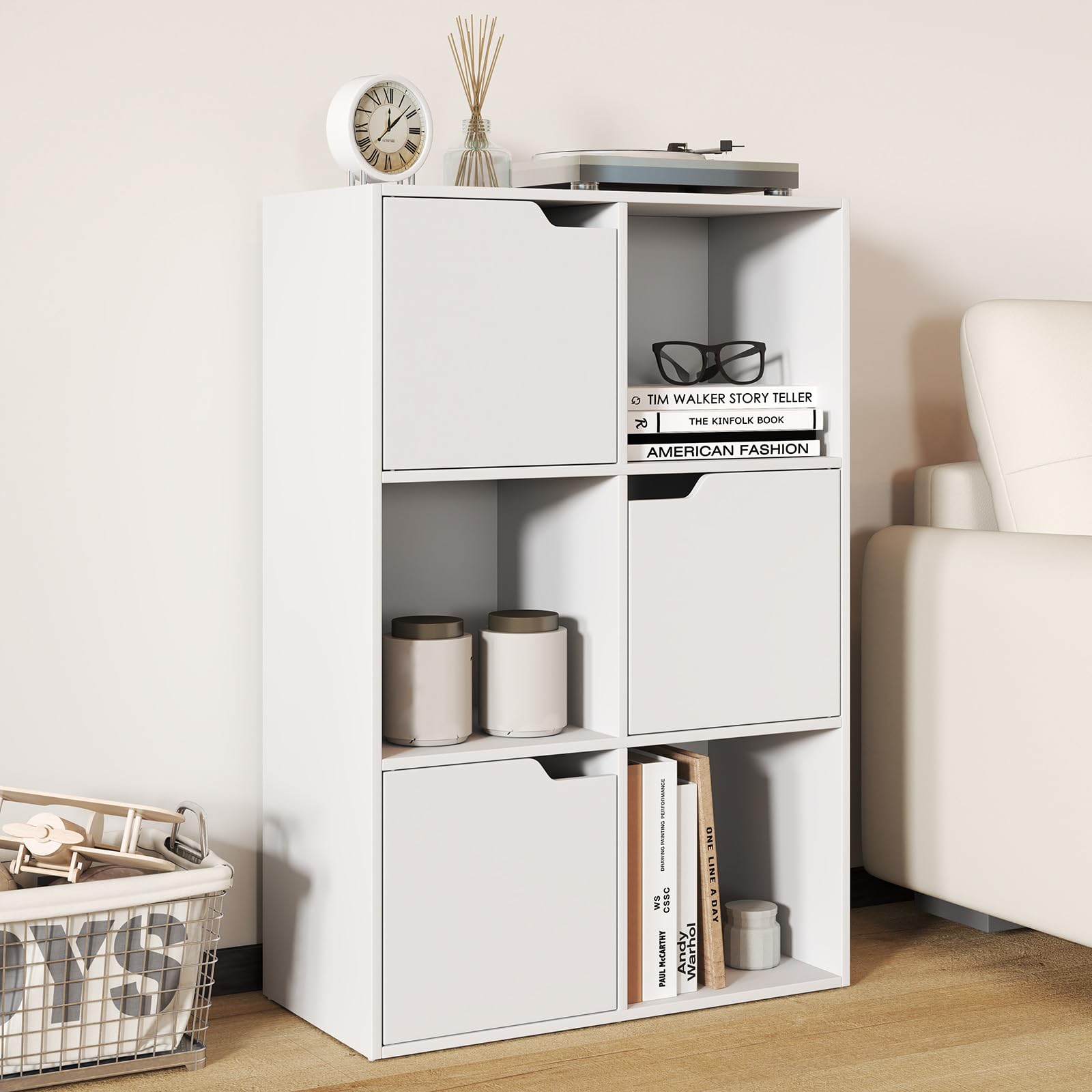 Tangkula 9-Cube Bookshelf Storage Organizer With 5 Doors & 4 Open Cubes - White Wooden Bookcase For Toys, Books & Decor - View #8
