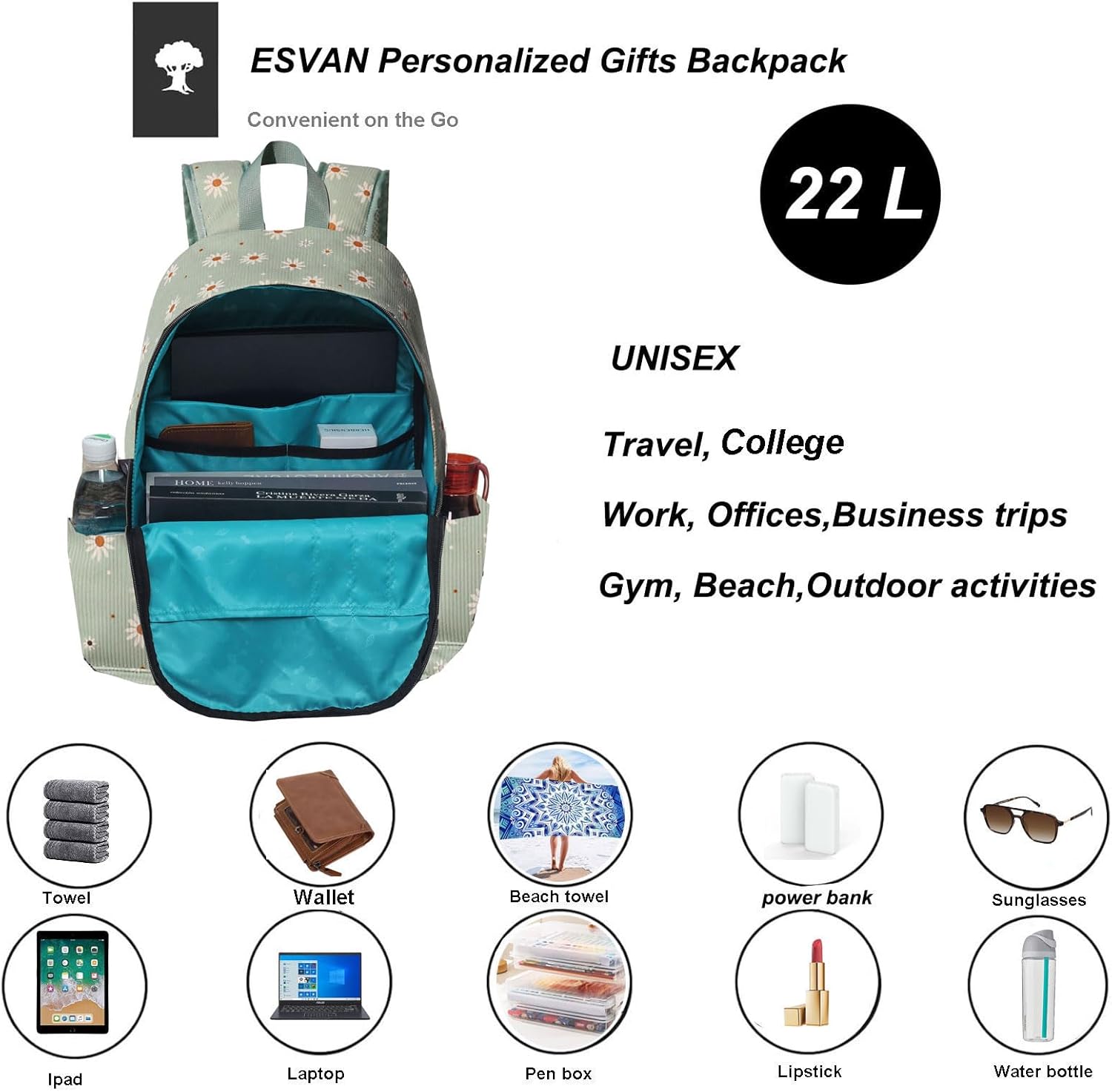 ESVAN Corduroy Original Travel Backpack,Waterproof Suitable for Travel,Gym,Shopping,Yoga,Hiking,Beach (Corduroy matcha daisy)