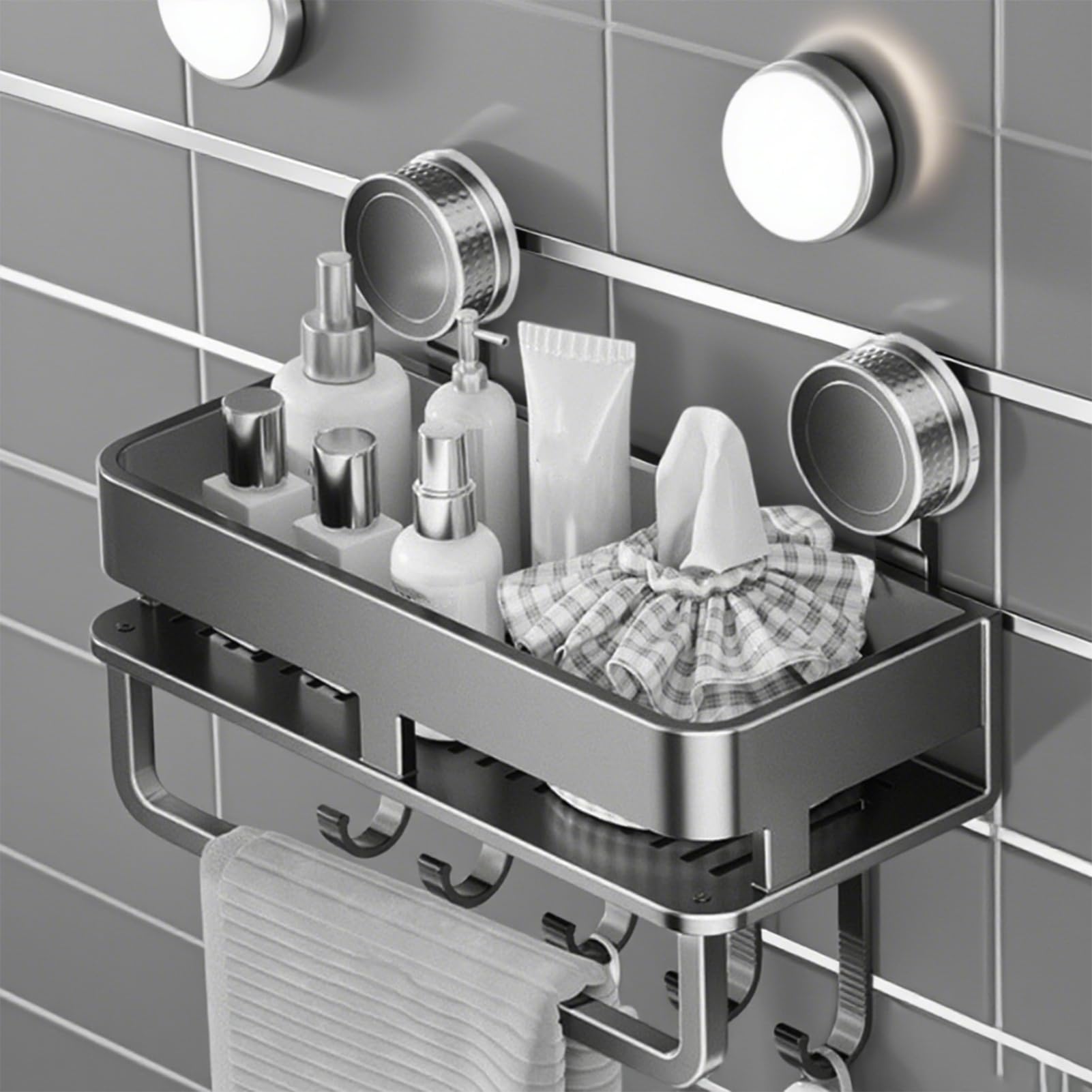 Contenitore per condimenti, organizer per condimenti da cucina, con ventosa, con 5 ganci, gadget da cucina per piastrelle, vetro, metallo, marmo, dispensa, soggiorno, appartamento,