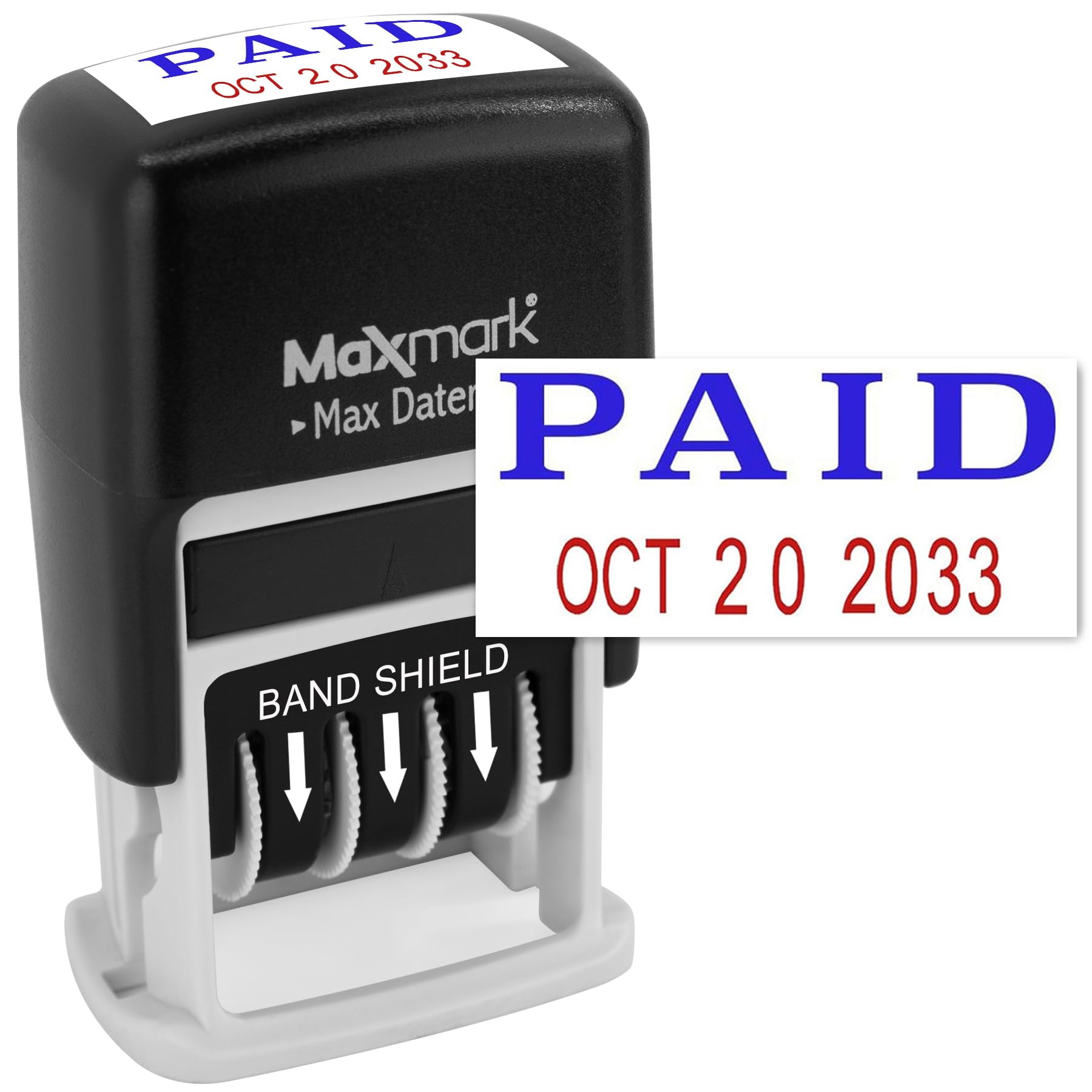 MaxMark Self-Inking Rubber Date Office Stamp with Paid Phrase Blue Ink & Date RED Ink (Max Dater II), 12-Year Band