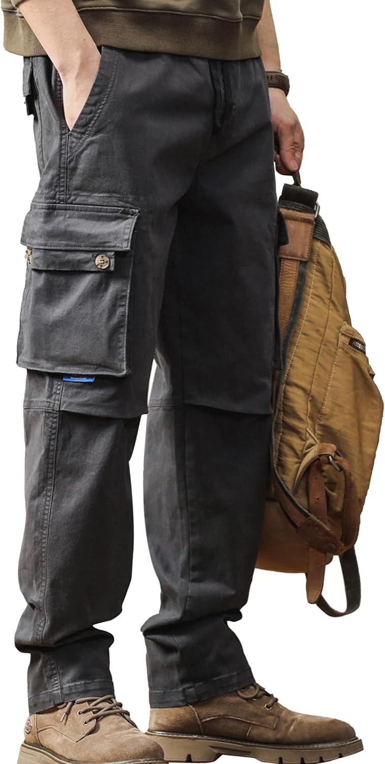 Men's Cargo Work Pants with Elastic Waist & Drawstring, Stretch Relaxed Fit Casual Trousers XX-Large Grey