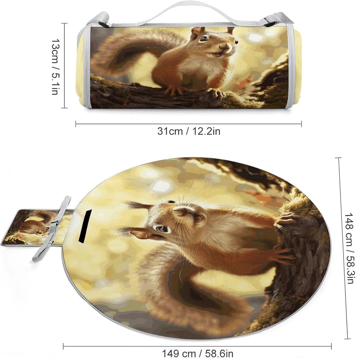Funny Squirrel Picnic Mat Lightweight Waterproof Picnic Blankets Extra Large Picnic Outdoor Blankets Foldable Sandproof Beach Blanket for Park Beach Camping Courtyard 58.3''x58.3''