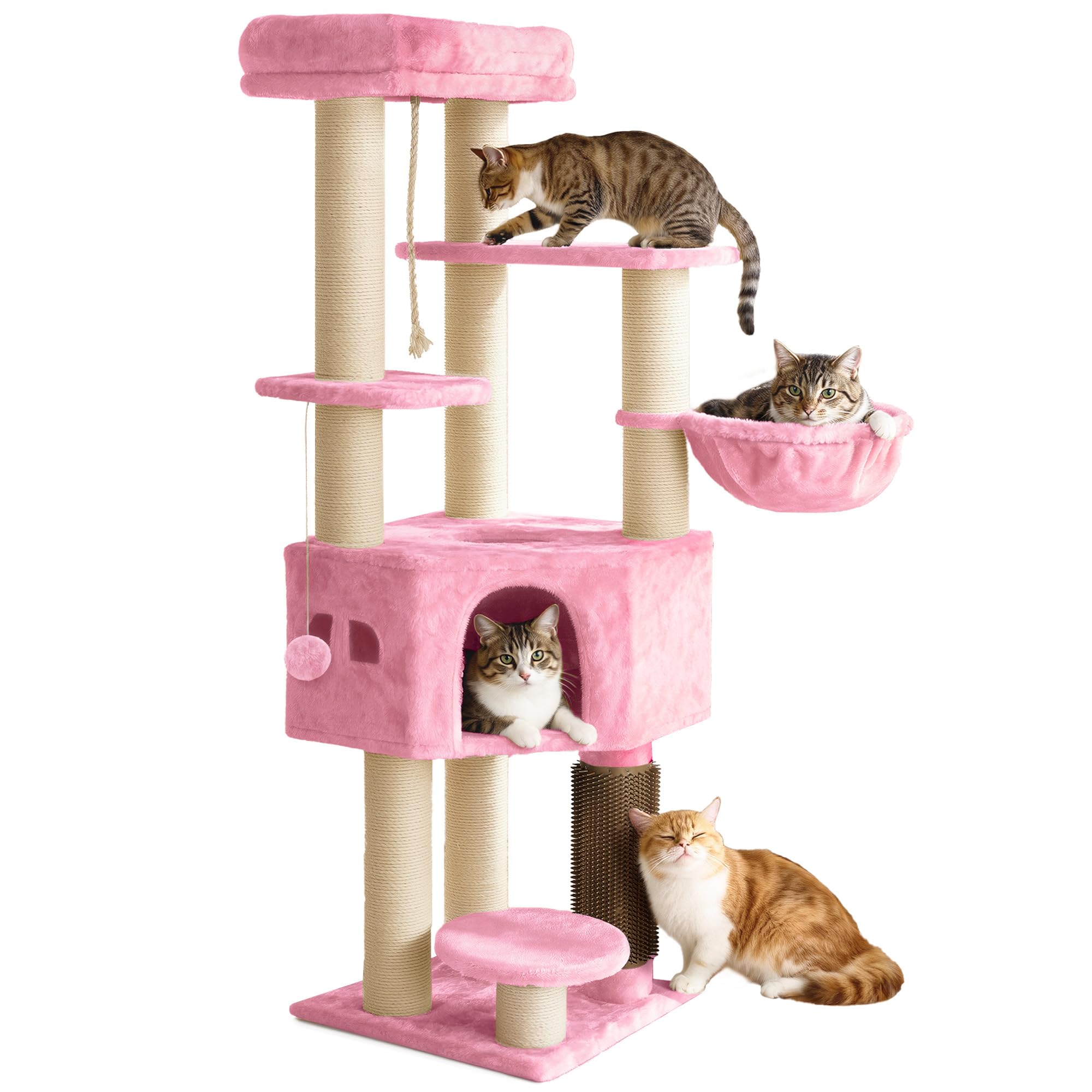YITAHOME Large Cats Tree Tower, Cat Scratching Post, Cat Brushes, 11 cm Thick Posts, Large Platforms, Plush Cushion, Cave, 50 x 50 x 159 cm, Pink