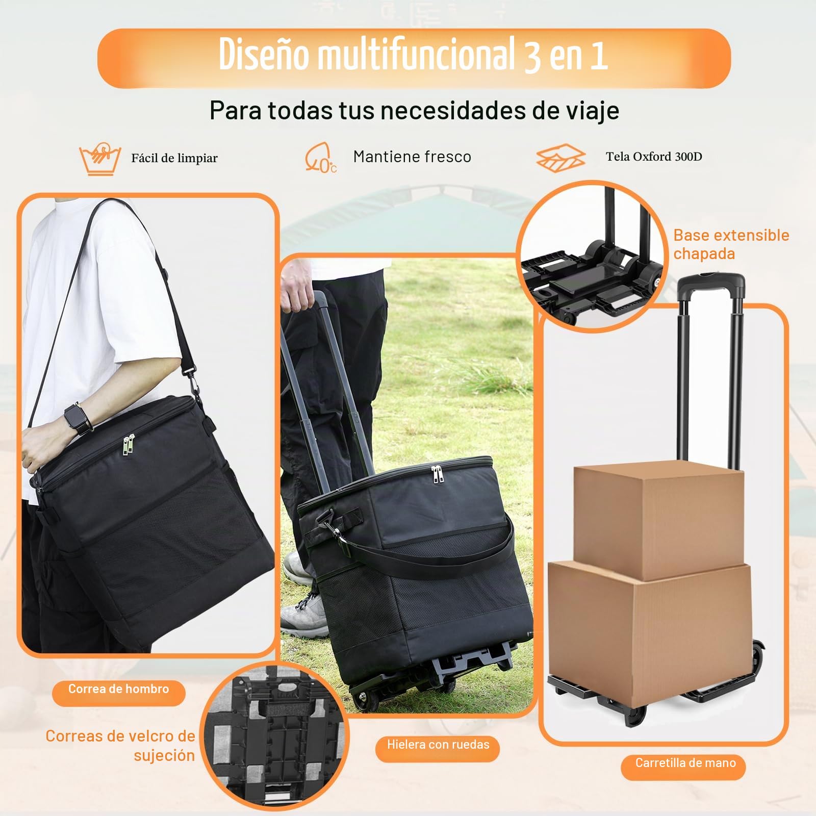 ZHJINGYU Bolsa Termica con Ruedas | 40L Capacidad | Aislamiento Térmico Eficaz, Nevera Bolsa | Tela Oxford 300D | para Camping, Playa, Pesca, Picnic y Compra
