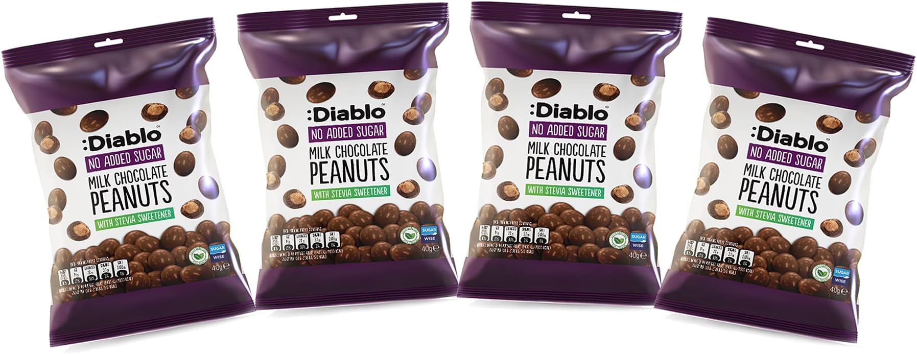 Diablo Milk Chocolate Peanuts - No Added Sugar, Sweetened with Stevia - Individually Packed Bags, Chocolate Covered Nuts Hamper Basket Available, Perfect for Gifting - Milk Chocolates - 40 g Pack of 4