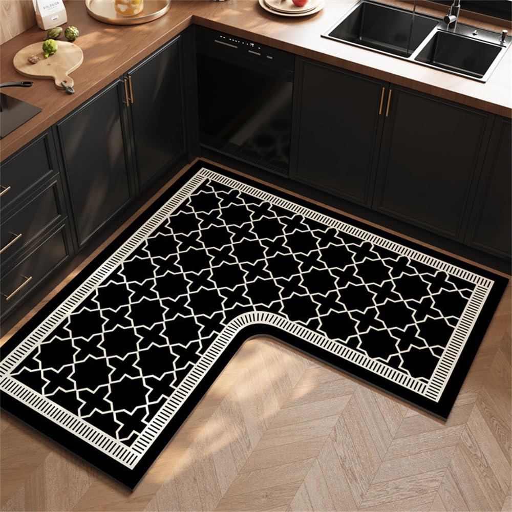 Treer Kitchen Rug Kitchen Floor Mat L-shaped Non Slip Washable Waterproof Anti-Fatigue Standing Mat Diatom Mud Long Carpet for Hallway Sink Laundry Office Entryway (Black geometric,90x90x45cm)