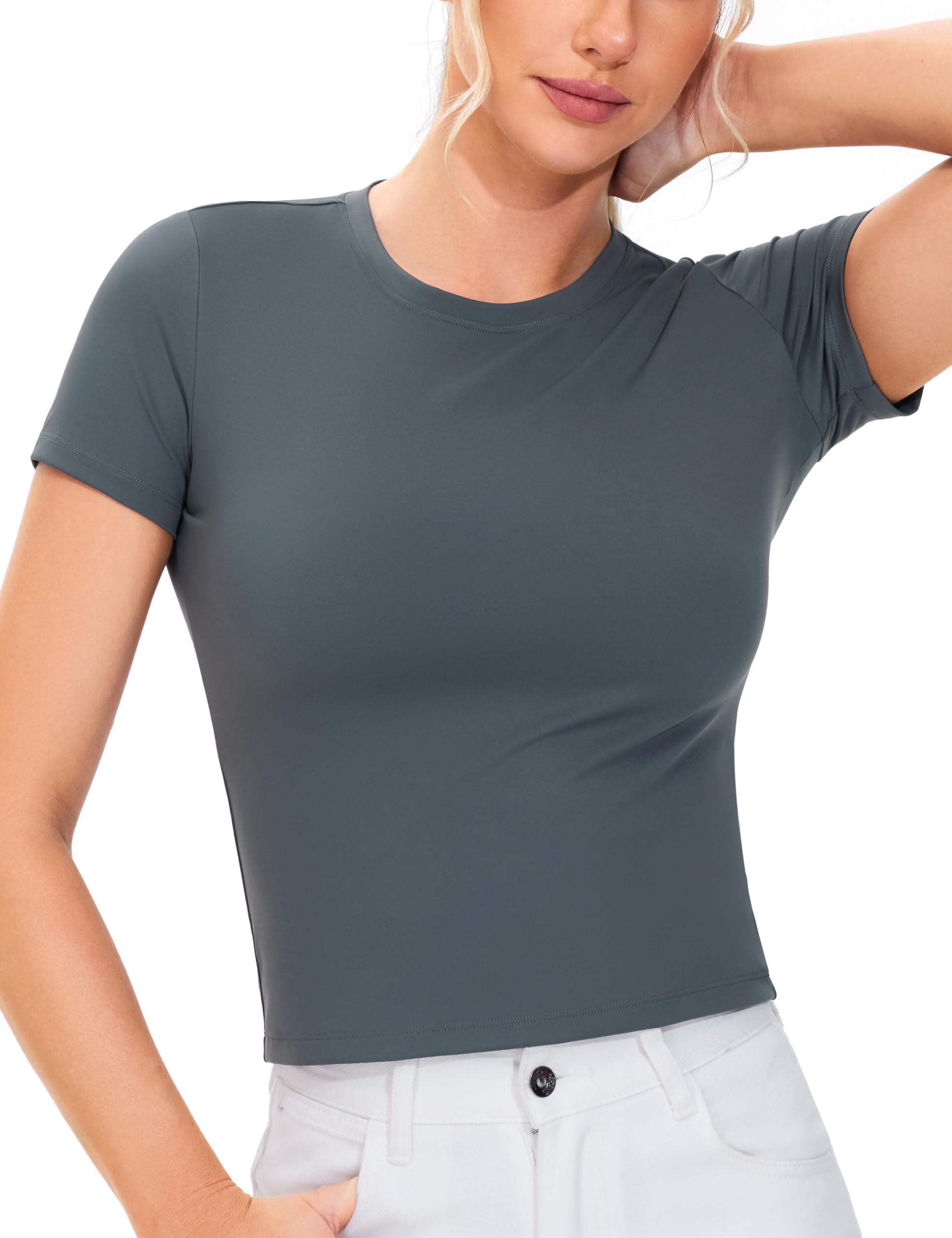 THE GYM PEOPLE Damen Sportshirt Kurzarm Fitness Schmale Passform Sport T-Shirt Atmungsaktives Yoga Top Basic Laufen Oberteil