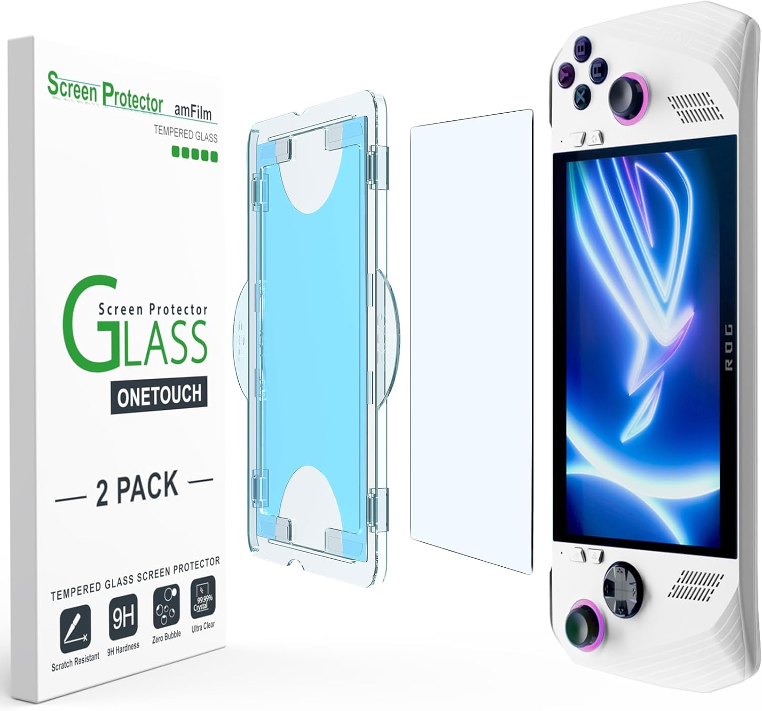 amFilm OneTouch Screen Protector Designed for ASUS ROG Ally 2023 /ROG Ally X 2024 7 inch - with Auto Alignment Kit, Bubble Free, Tempered Glass, 2 Pack