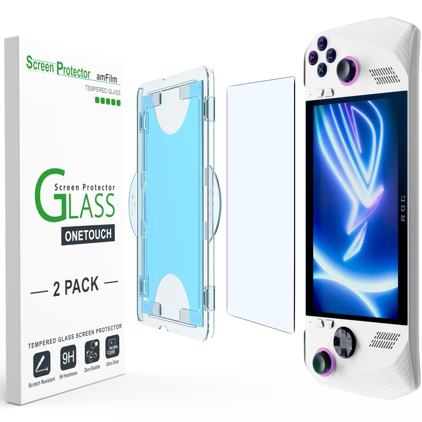 amFilm OneTouch Screen Protector for ASUS ROG Ally X 2024 / ROG Ally 2023 7'' | Auto-Alignment install | Bubble Free | 9H+ Military-Grade Tempered Glass | Drop Protection | FHD Clarity | 2 Pack