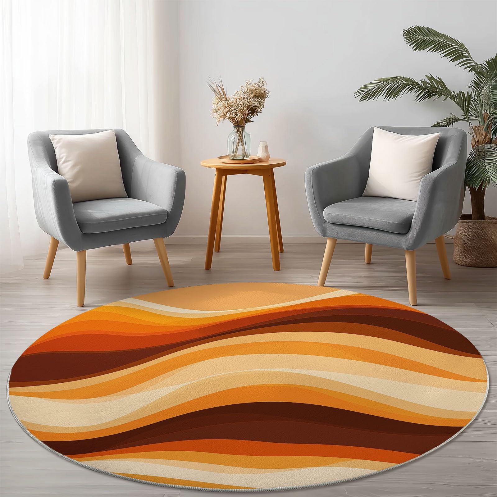 Tapis Rond Design Rétro Vagues Orange et Marron, Diamètre 140 cm Ambiance Années 70 Parfaite pour Salon Vintage ou Bureau, Flanelle Douce à Poils Ras, Base Antidérapante Stable, Pliable, Lavable