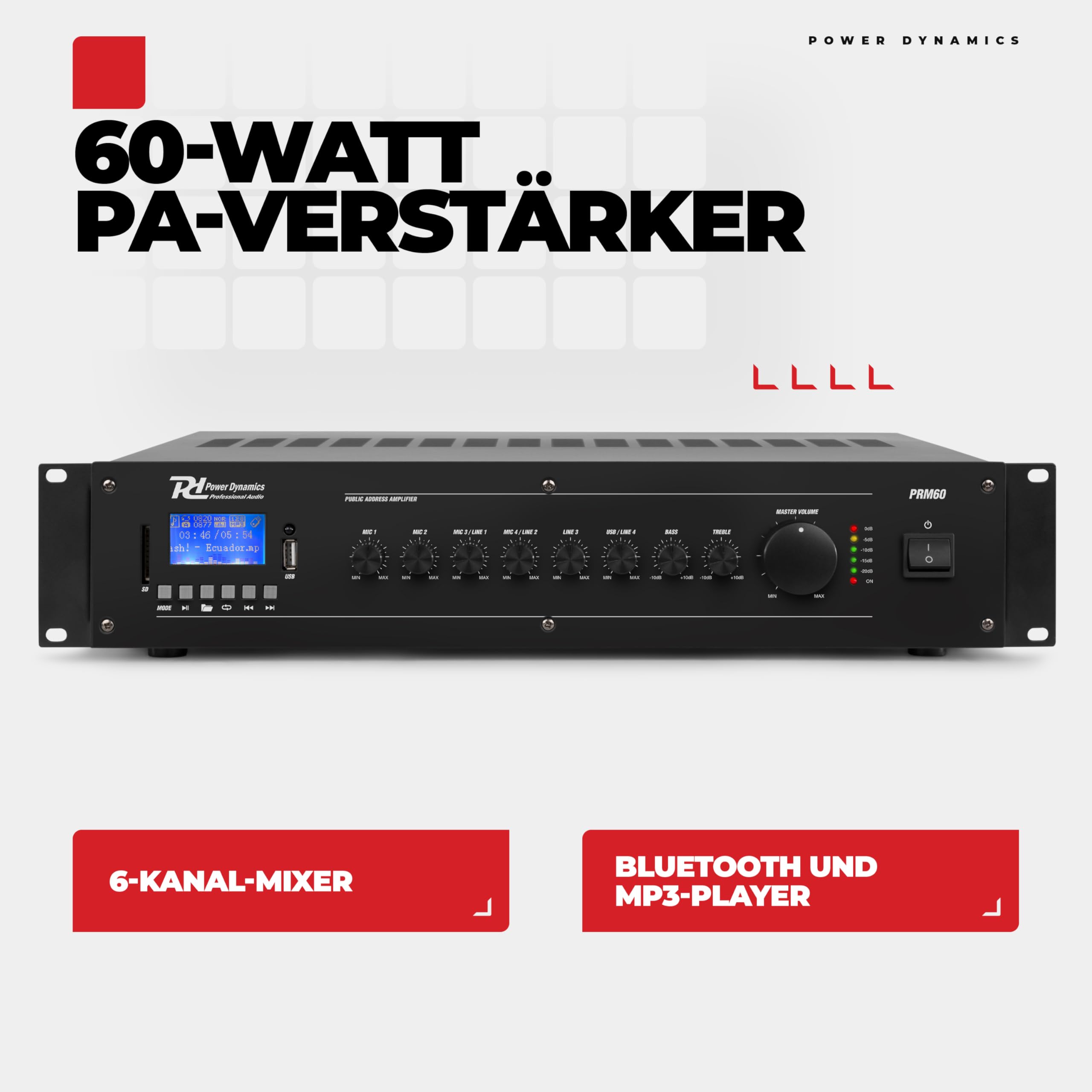 Power Dynamics PRM60 PA Verstärker + 8 Bluetooth Deckenlautsprecher, 5 Zoll, 60 Watt Verstärker mit Bluetooth - 100V Soundsystem inkl. Lautsprecherkabel, Einbaulautsprecher Decke für Hintergrundmusik