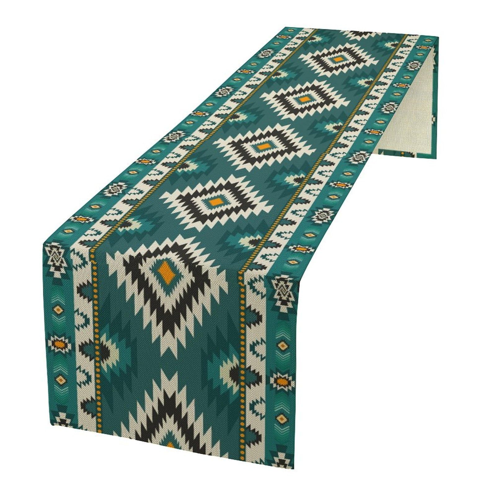 Tfoso Aztec-Green-2 Ethnic Southwestern Table Runner,Native American Tribes Boho Geometric Pattern Aztec Table Cloth Kitchen Restaurant Cafe Decor 13X72 Inch