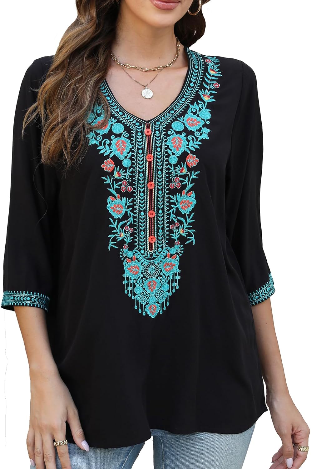 Higustar Mexican Blouses for Women Embroidered Traditional Floral Peasant Tops Bohemian Clothes 3/4 Sleeve Tunic Boho Shirt - Image 3