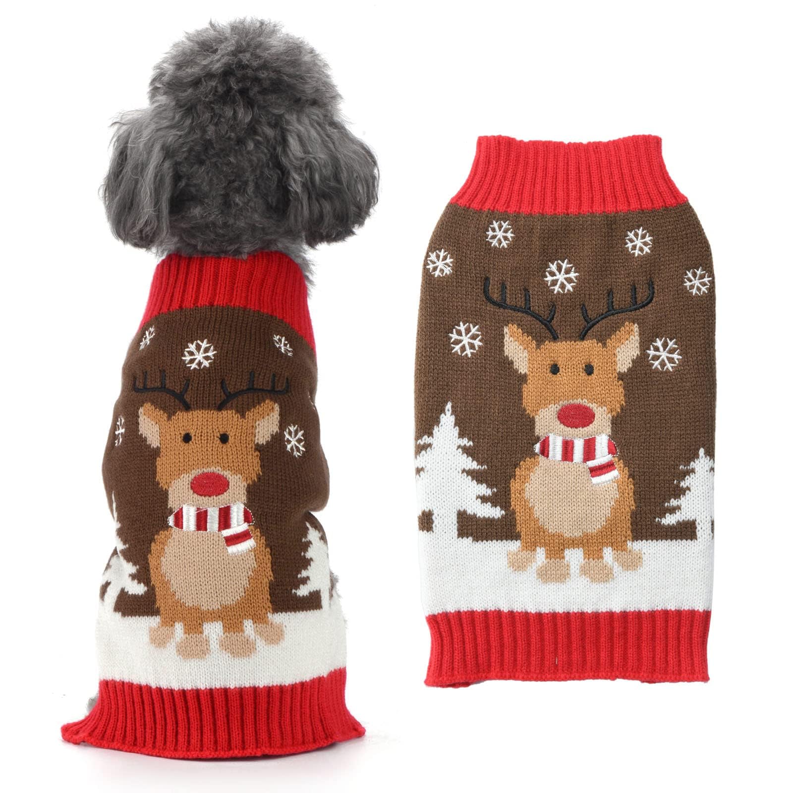 HRTTSY Christmas Dog Sweater Soft Warm Fall Winter Dog Clothes Cute Reindeer Xmas Tree Snowflake Knitwear Pet Costume Sleeveless Puppy Holiday Sweatshirt for Small Medium Large Dogs Cats(Brown,XS)