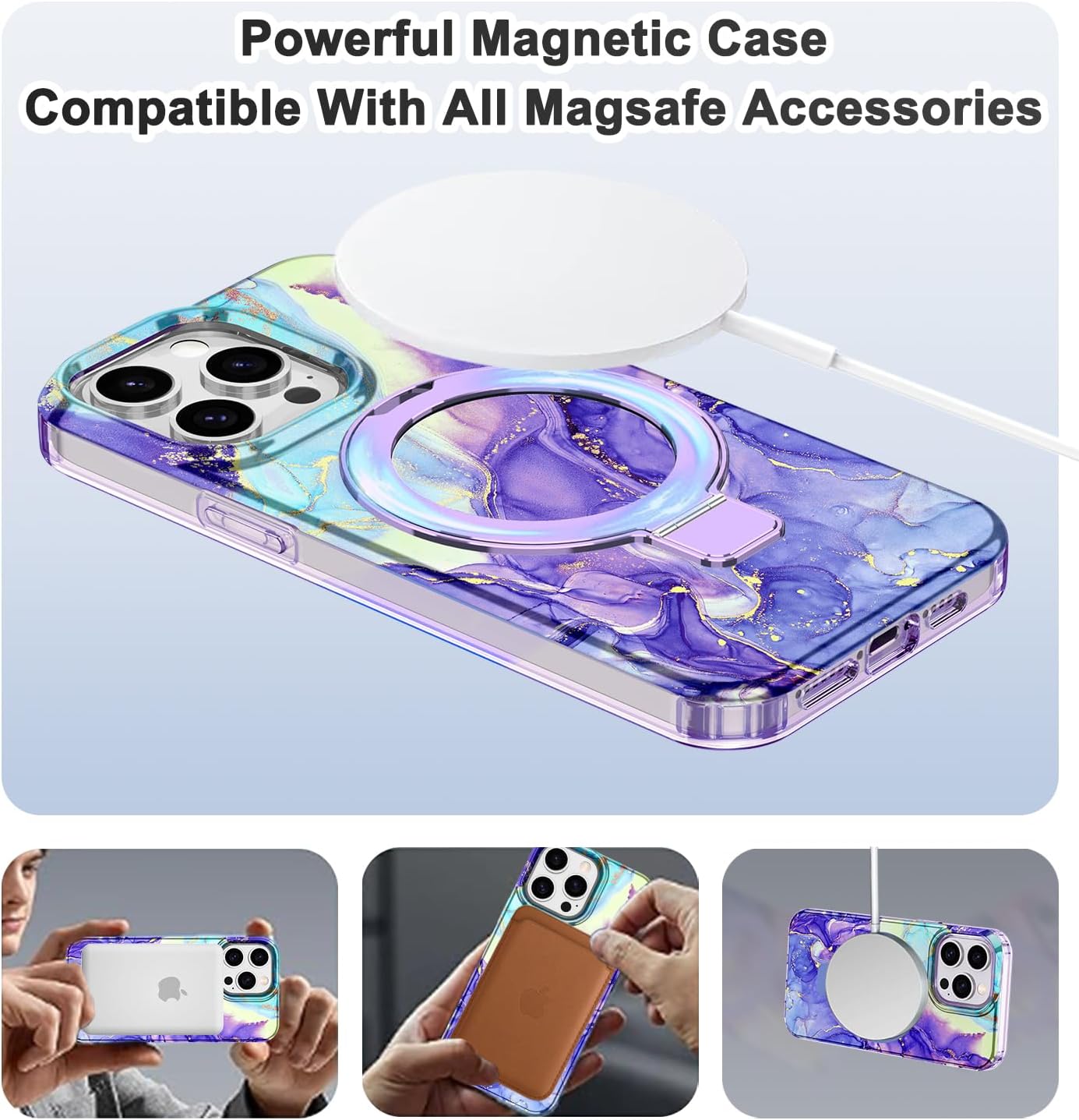 Lamcase for iPhone 15 Pro Case with Magnetic Invisible Ring Stand [Compatible with MagSafe], Full Body Rugged Slim Women Men Girl Shockproof Marble Pattern Design Case, Violet - Image 2