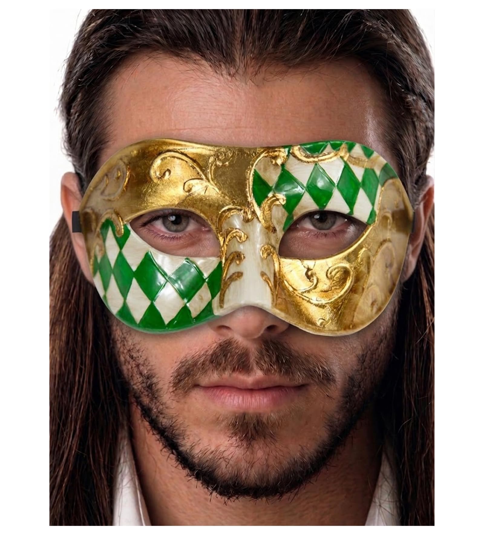 Luxury Mask Men's Vintage Design Masquerade Prom Mardi Gras Venetain One Size Green/Gold Half Checkered โ image 1
