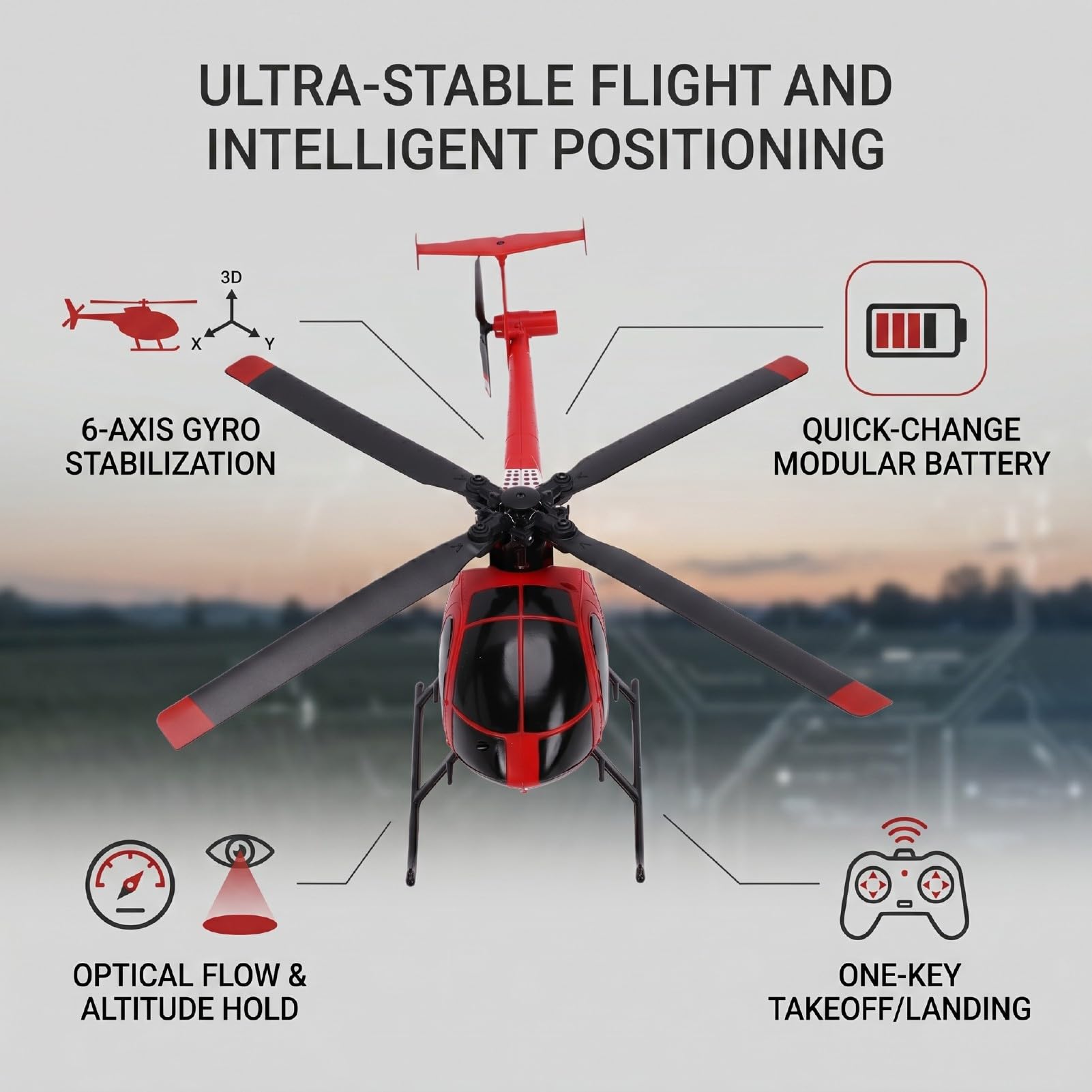 Elicottero RC a 4 canali, elicottero radiocomandato in scala 1:48, aereo Flybarless 2.4G con ottica giroscopica a 6 assi, posizionamento dell'altezza, avvio e atterraggio con un pulsante