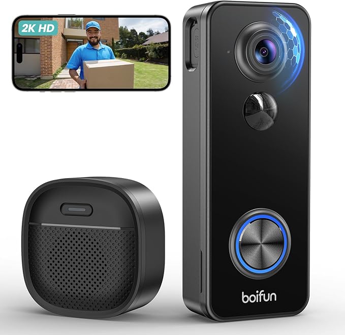BOIFUN 2K Timbre Inalámbrico con Cámara, Visión 180°, Instalación Sencilla, Detección Humana PIR, Audio Bidireccional, Visión Nocturna a Color, Resistente al Agua IP65, Solo Wi-Fi 2,4 GHz
