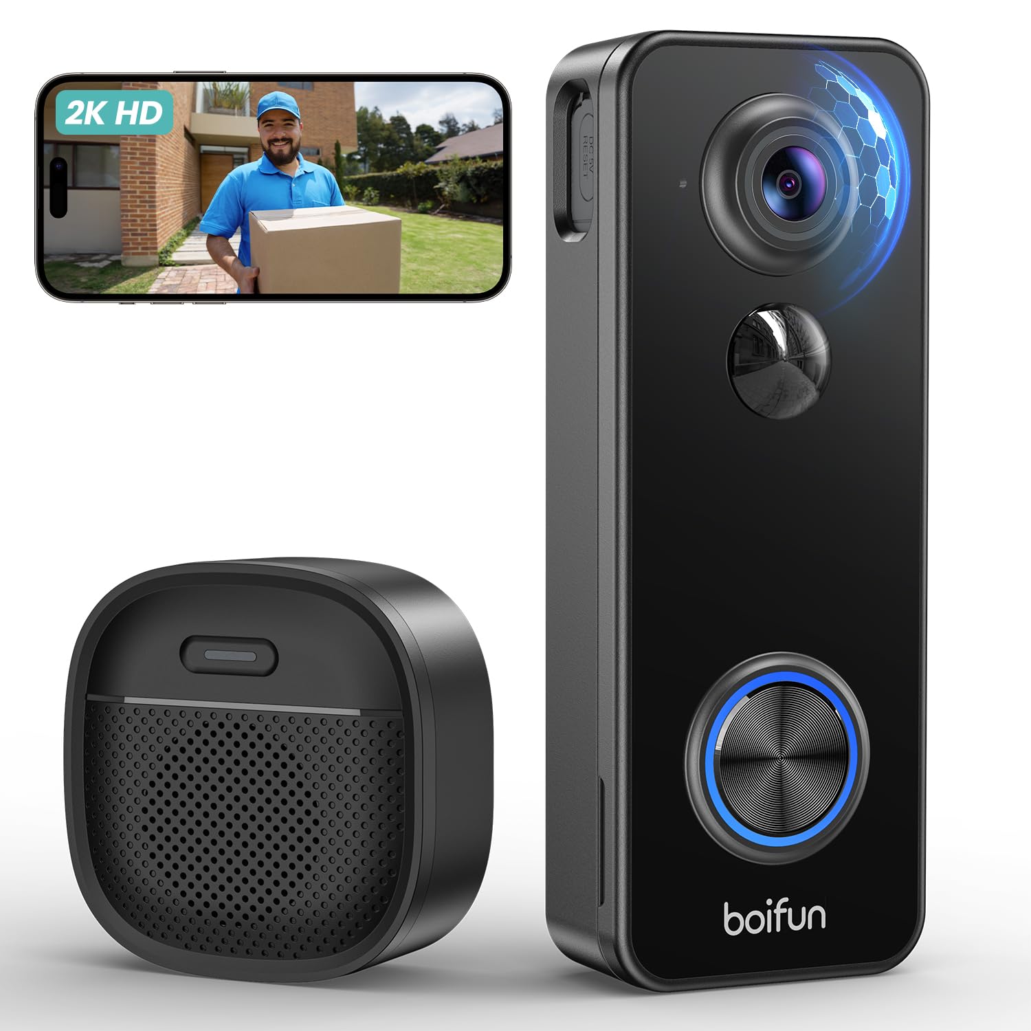 BOIFUN 2K Video Doorbell Camera Wireless No Monthly Fee, Head-To-Toe View, Easy to Install, PIR Motion Detection, 2 Way Audio