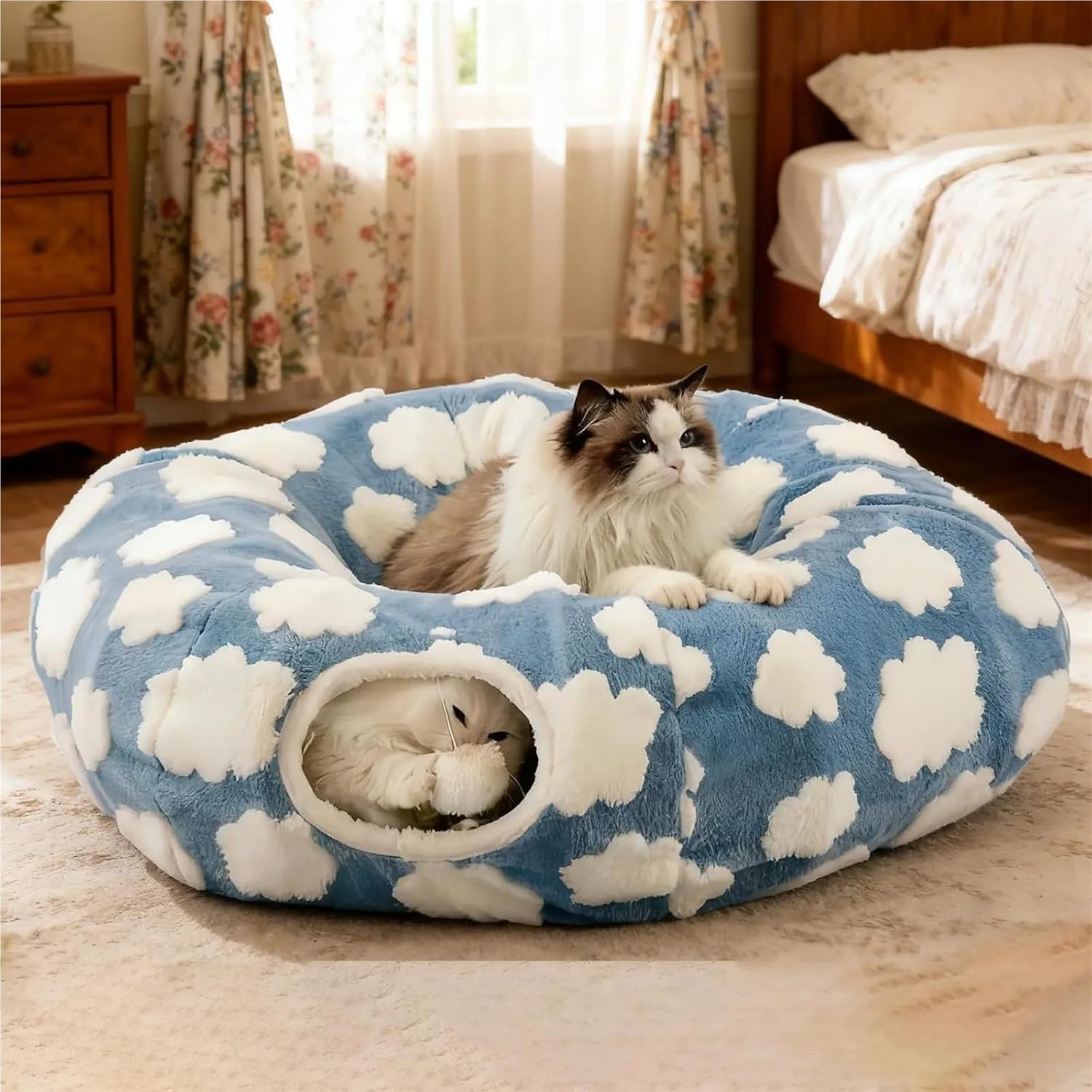 Washable Cat Tunnel Bed with Ball & Cave, Interactive Toy for Kitten Puppy Small Dog Bunny Pet(Blue)