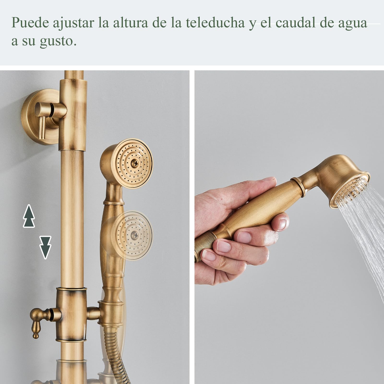 Retro Cascada Grifo de la Ducha Tina Latón Antiguo Kit con Soporte Extensible (100-135 cm) 3 Salidas 8" Cabezal de ducha superior + ducha de mano + bañera