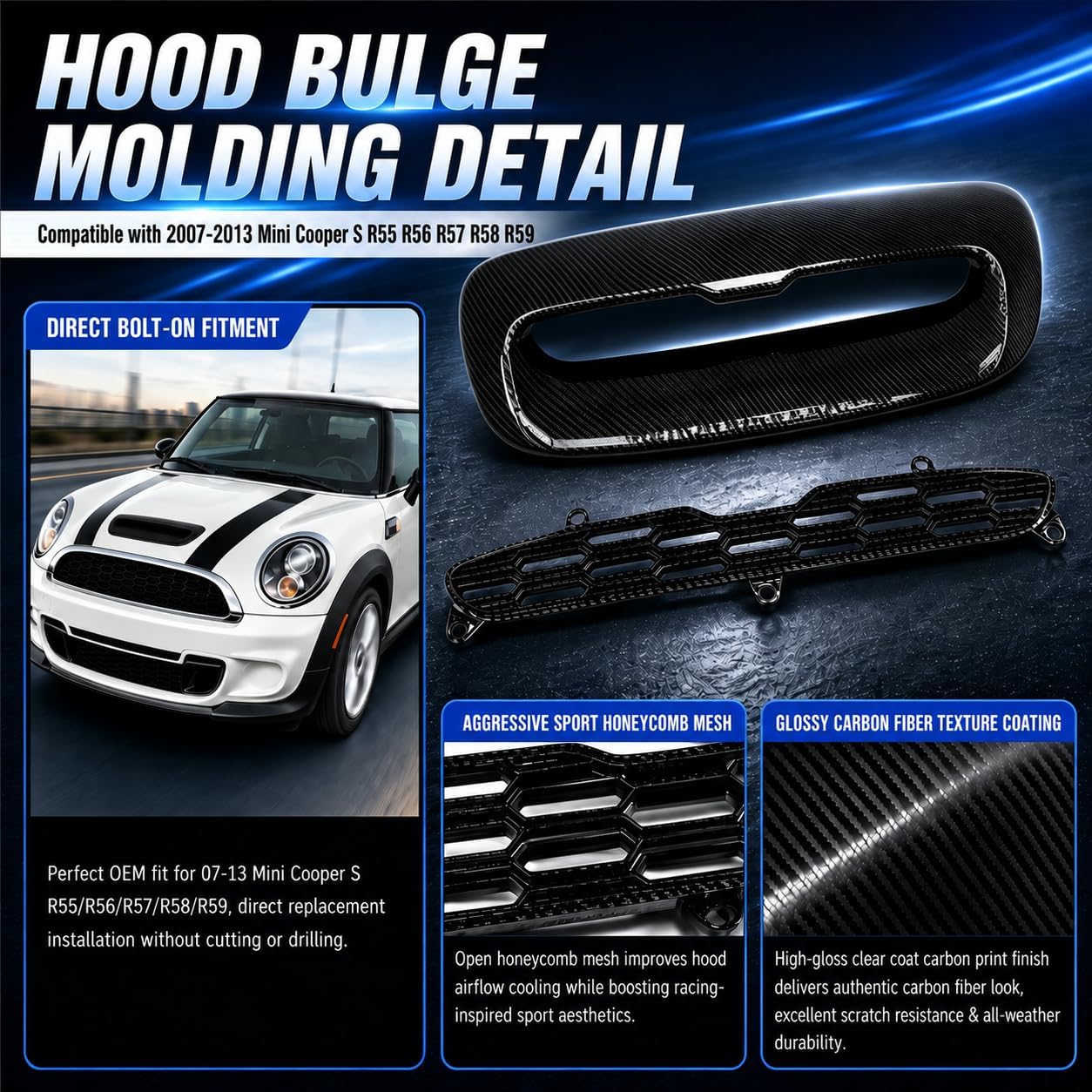 Carbon Fiber Print Hood Scoop Air Vent For 07-13 Mini Cooper S R55-R59