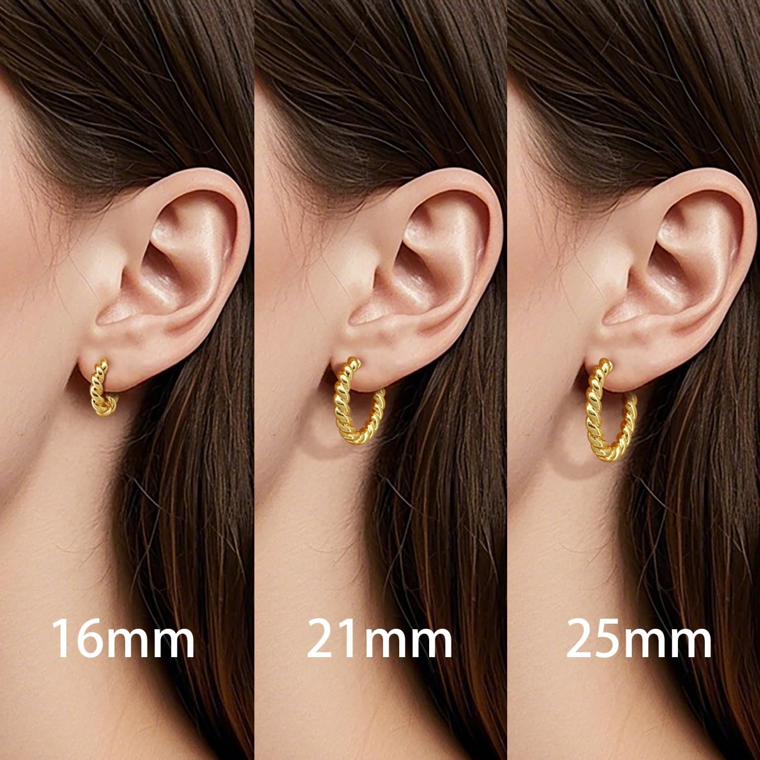 NEARLAND 14K Gold Plated Hoop Earrings for Women Gold Plated Earrings Studs Twisted Rope Round Hoop Stud Earring 16/21/25mm