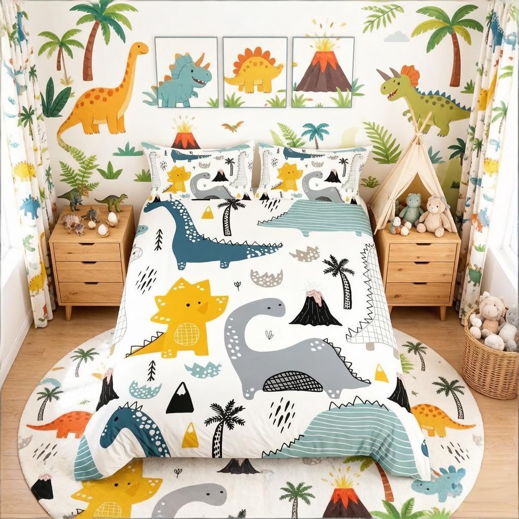 Loussiesd Kids Cartoon Dinosaur Toddler Soft Duvet Cover Boys Cute Ancient Animal Bedding Set 3D Kawaii Animal Dinosaur Comforter Cover Green Stripe White Lovely Quilt Cover Cot Size Boys