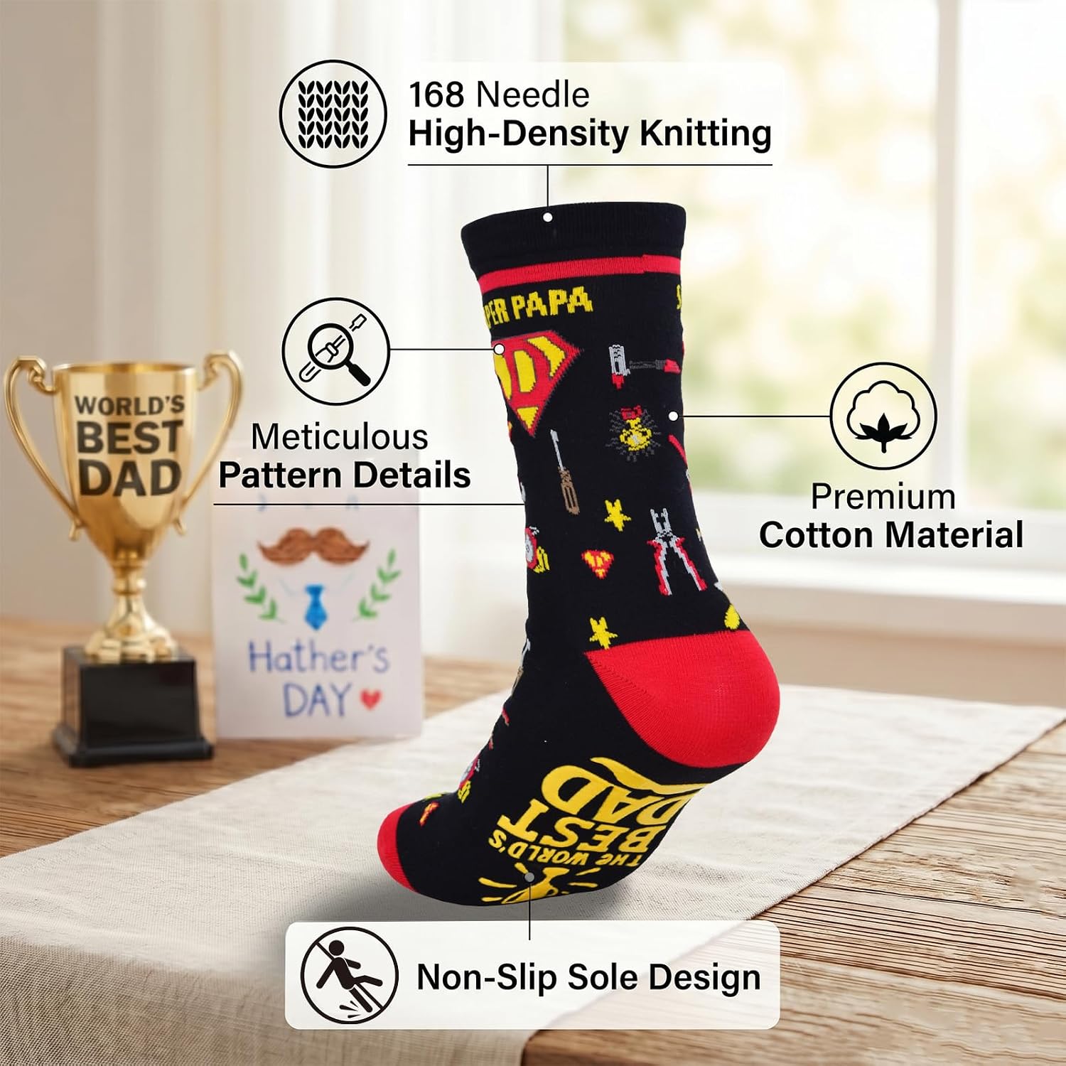 Vegove Novelty Fathers Day Grip Socks, 3 Pairs Non-Slip Super Dad Sock for Best Dad Ever Birthday Thanksgiving Xmas Gifts