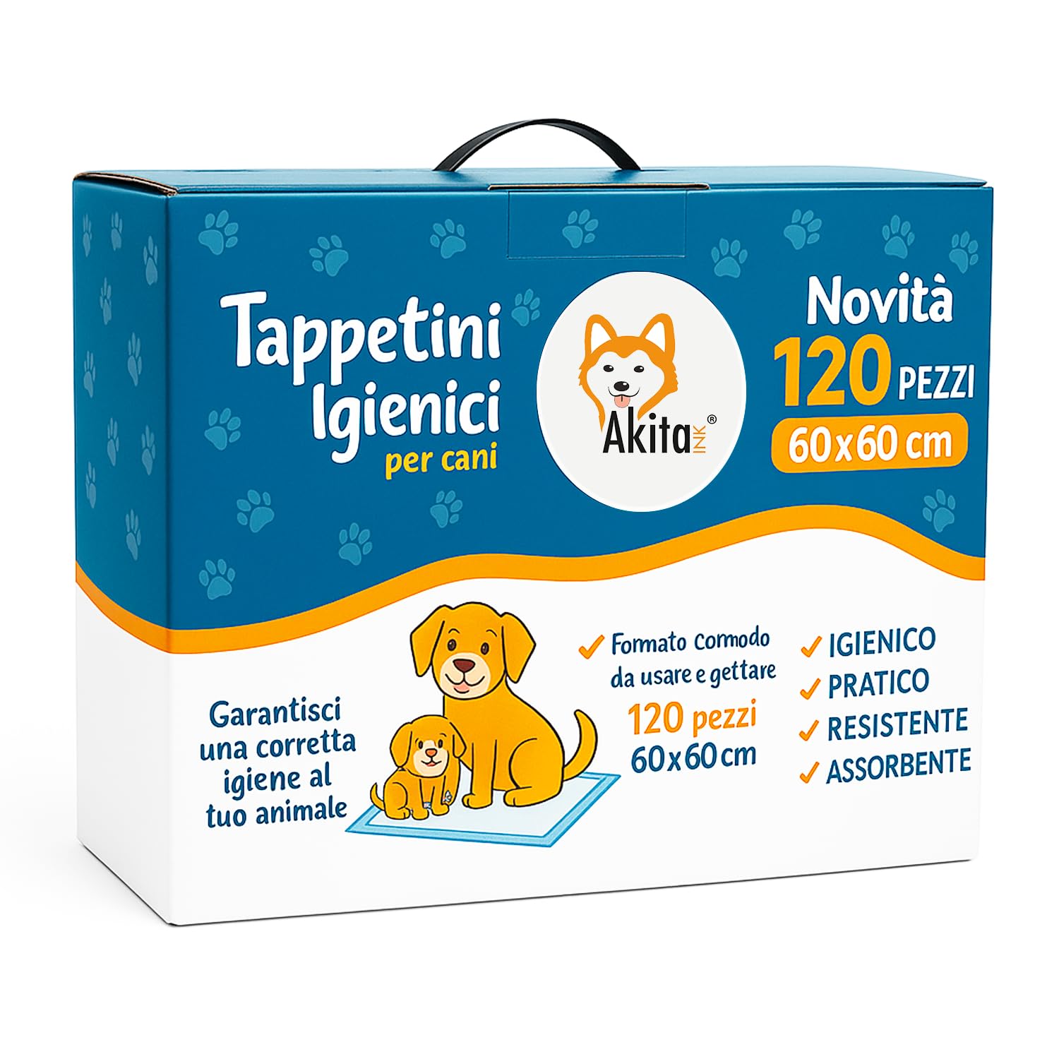 Akitaink - 120 Traverse per Animali Super Assorbenti - Dimensioni 60x60 cm - Tappetini Igienici per Cani e Gatti Multiuso (120 pz 60X60 cm)