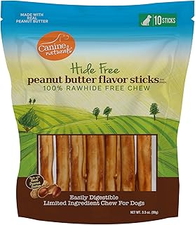 Canine Naturals Peanut Butter Chew - Rawhide Free and Dog Treats - Made from Real Peanut Butter - All-Natural and Easily Digestible - 10 Pack of 5 Inch Stick Chews