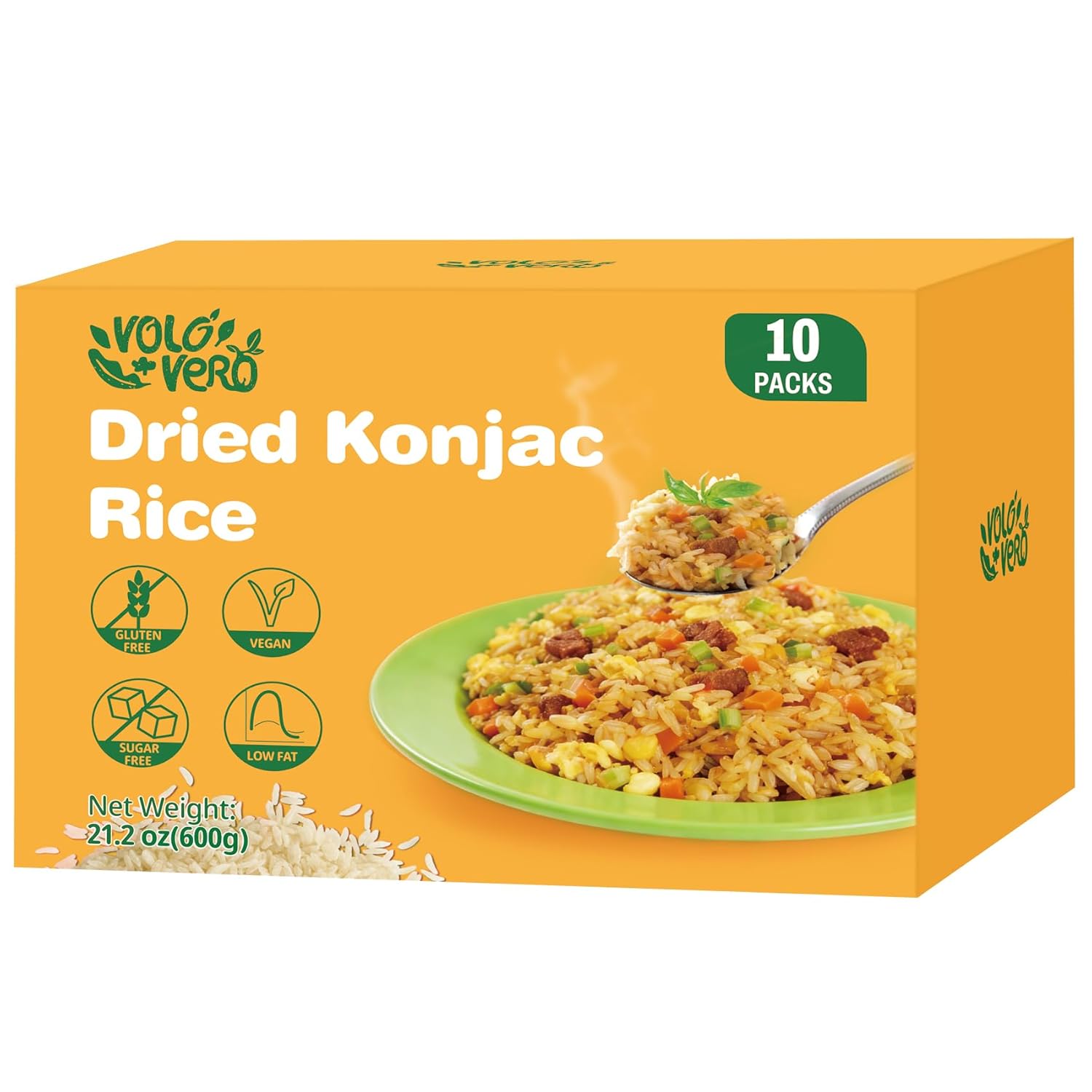 VOLO VERO Dried Konjac Rice, Shirataki Rice, 10 Individual Packs, Vegan, Gluten-Free, Sugar-Free, Non-GMO, Low Fat, Quick-Cooking Healthy Rice Alternative for Stir-Fries, Sushi & Meals