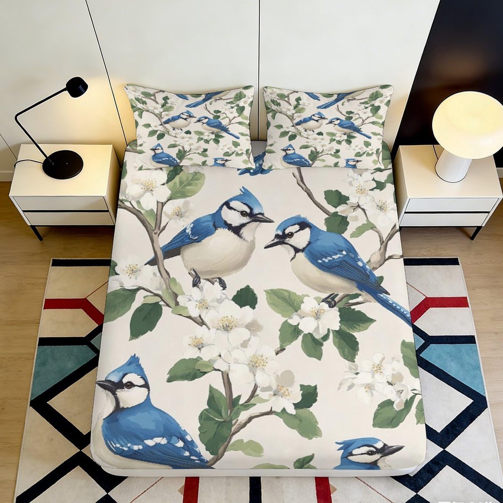 3D Printed Blue Jay Blossom Fitted Sheet Microfiber Anti-Slip Mattress Cover Bedroom Decor Machine Washable 120x200x25cm