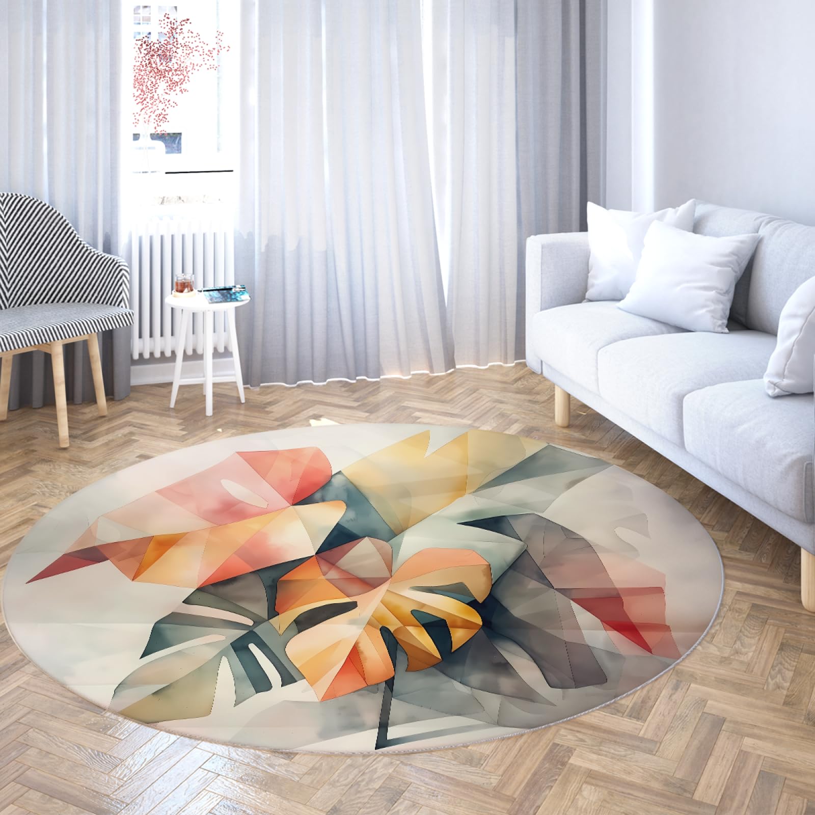 Tapis rond abstrait monstera style aquarelle art moderne doux