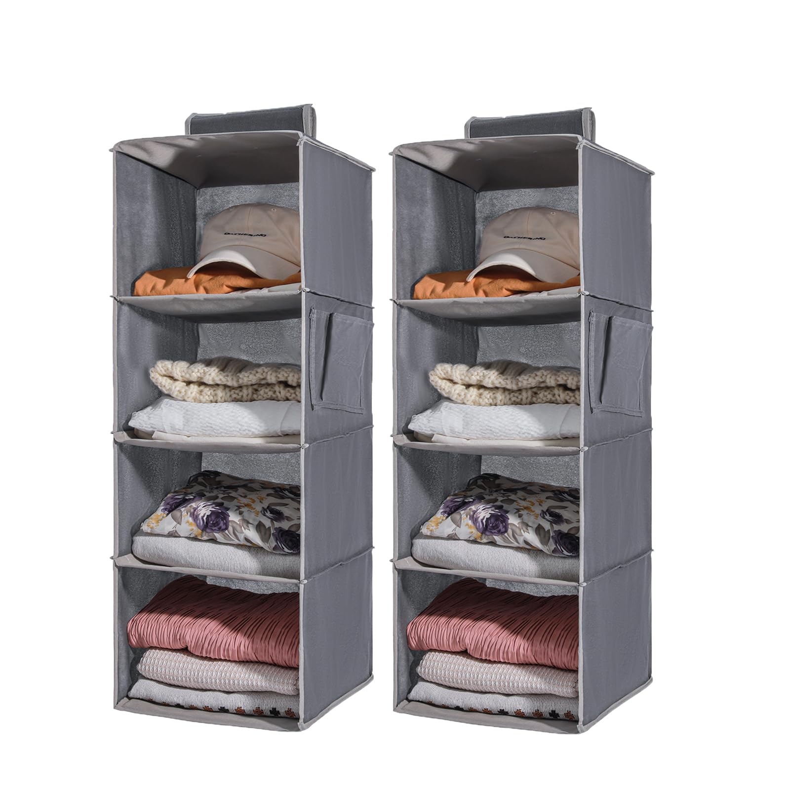 Paquete de 2 organizadores colgantes, estantes de armario de 4 estantes con bolsillos laterales, color gris