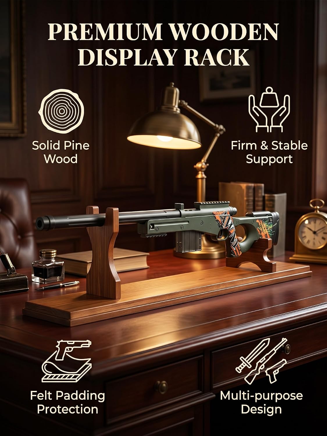 Solid Pine Gun Display Stand, 35"X5", tabletop display rack, Oak-colored | Handmade, For 30-30 or Rifles, Multi-Purpose display rack, Golf Club Storage, tabletop gun rack