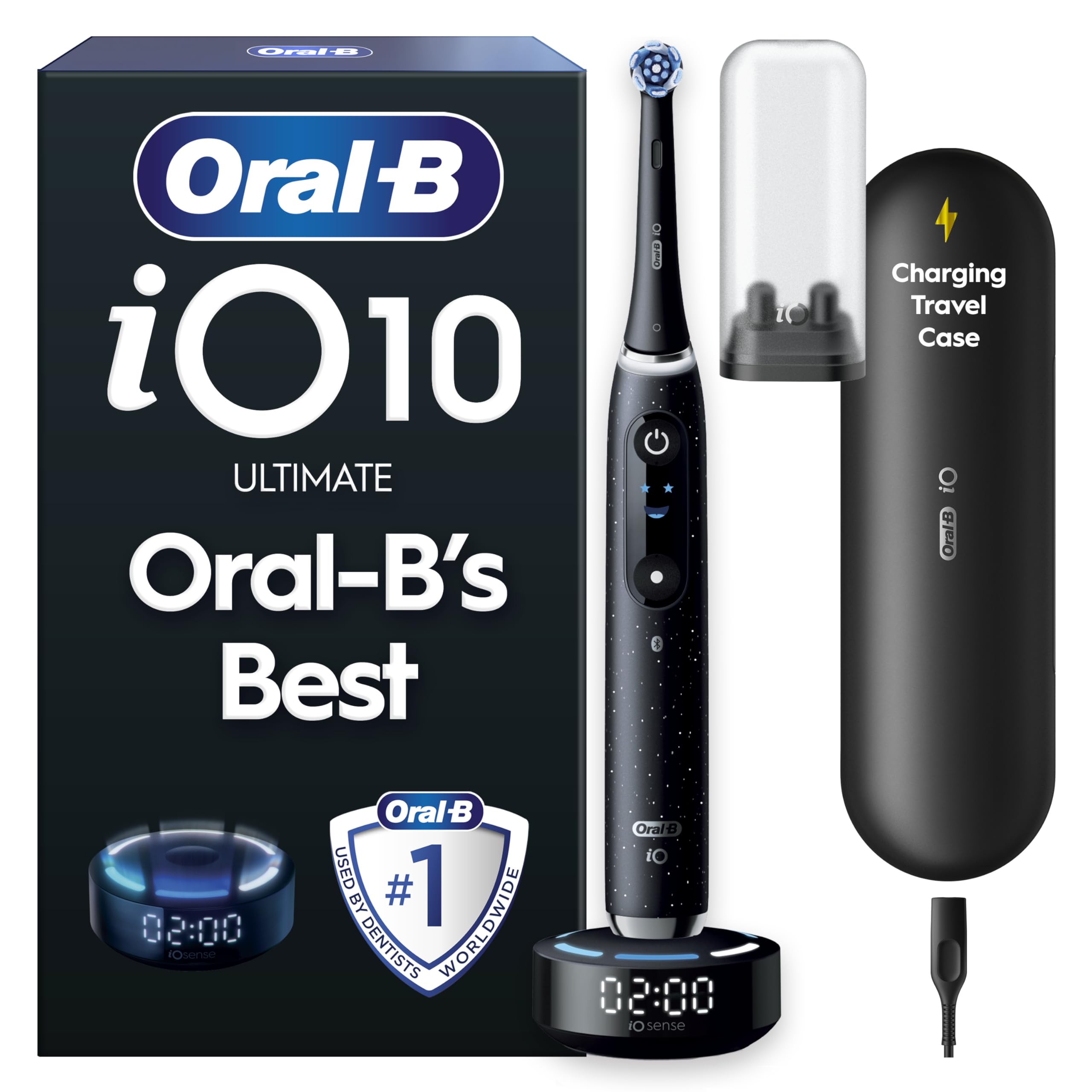 iO10 Electric Toothbrushes For Adults, Gifts For Women / Men, 1 Handle, 1 Ultimate Clean Toothbrush Head, Charging Travel Case, 7 Modes, 2 Pin Plug, Cosmic Black, Oral B IO Toothbrush