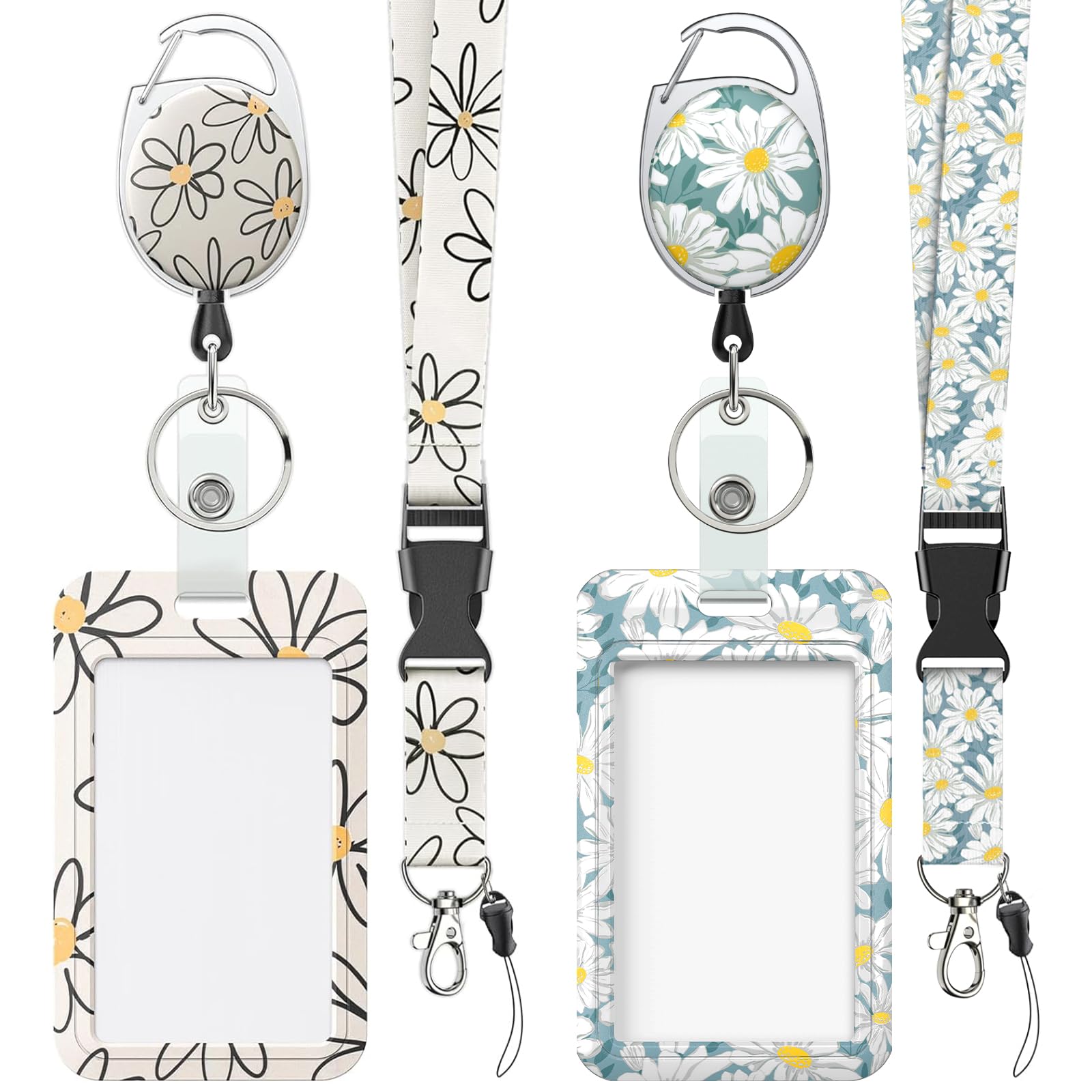 Uniclife 2 Pack Floral Sliding Badge Holder White Blue Flower Plastic Case with Retractable Badge Reel Carabiner Clip and Detachable Lanyard Strap