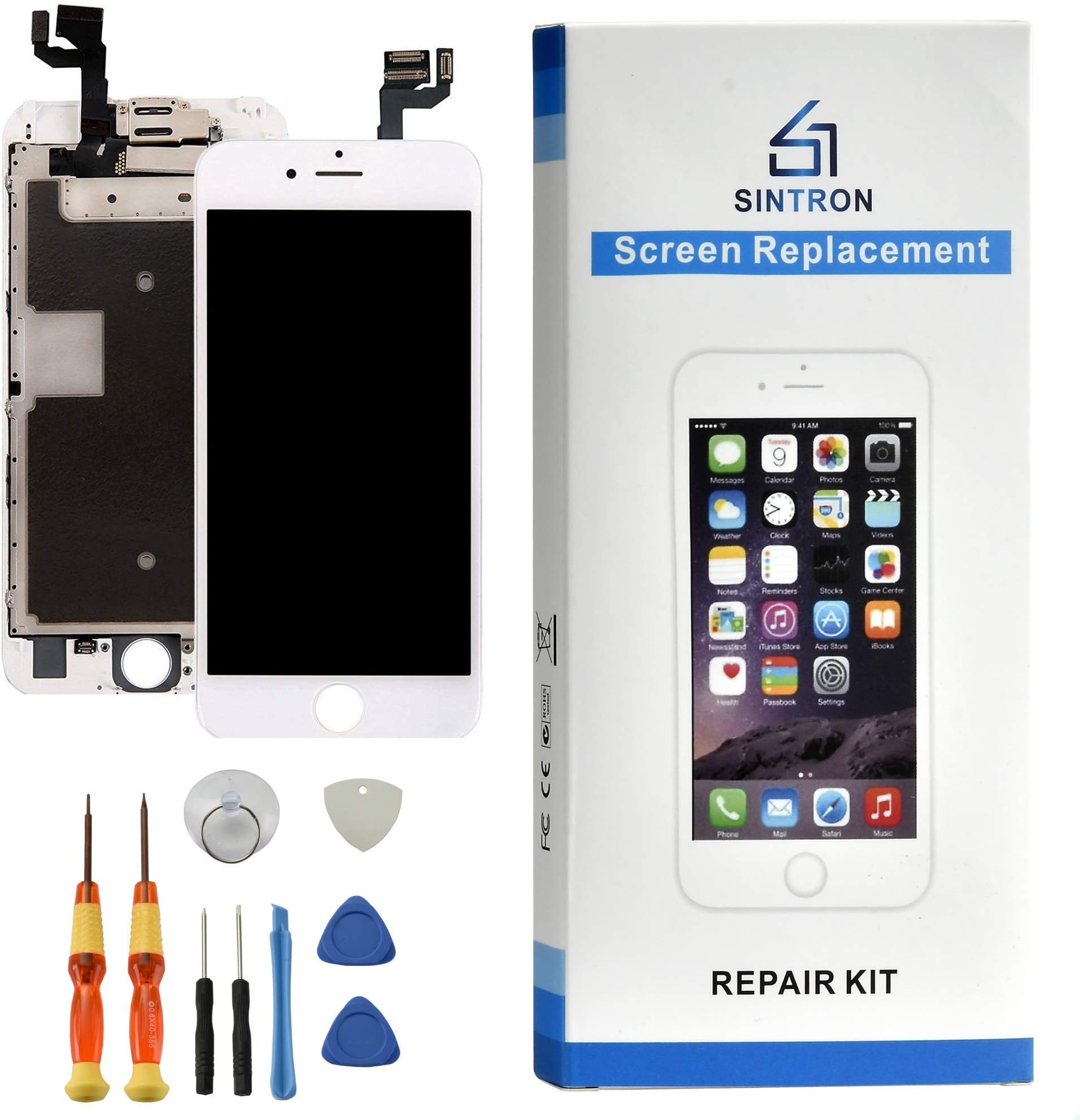 Sintron OEM LCD Screen Replacement - FOR iPhone 8 Plus White Fully Assembled including Original parts Front Camera, Proximity Sensor, Earpiece, LCD shield + Tools & Guide