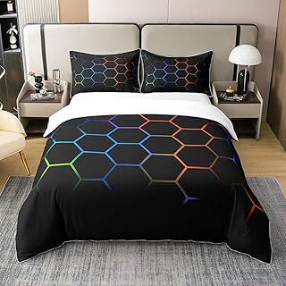 Geometric Duvet Cover 100% Cotton Set Honeycomb Bedding Bed Set for Kids Boys Girls Multicolor Hexagonal Shaped Orange Blue Red Black Decor Quilt Cover Bedroom Collection 3Pcs King Size Zipper