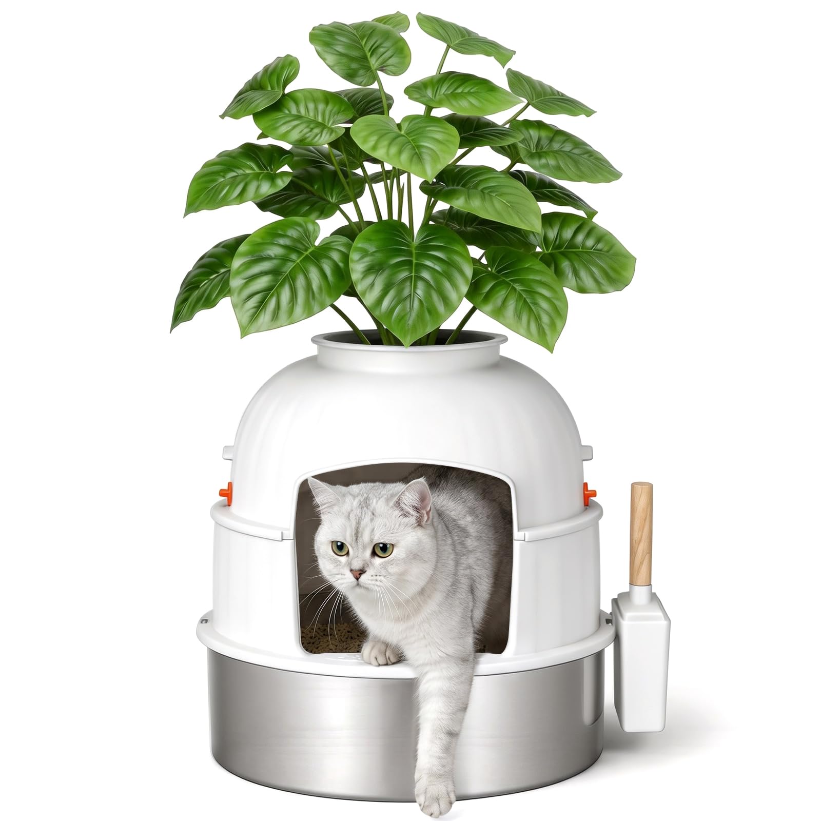 Katzenklo Edelstahl mit Pflanze & Schaufel, Versteckte Katzentoilette XXL Katzenklo Blumentopf mit Kohlefilter, Geruchsresistent & Leicht zu Reinigen, Cremeweiß