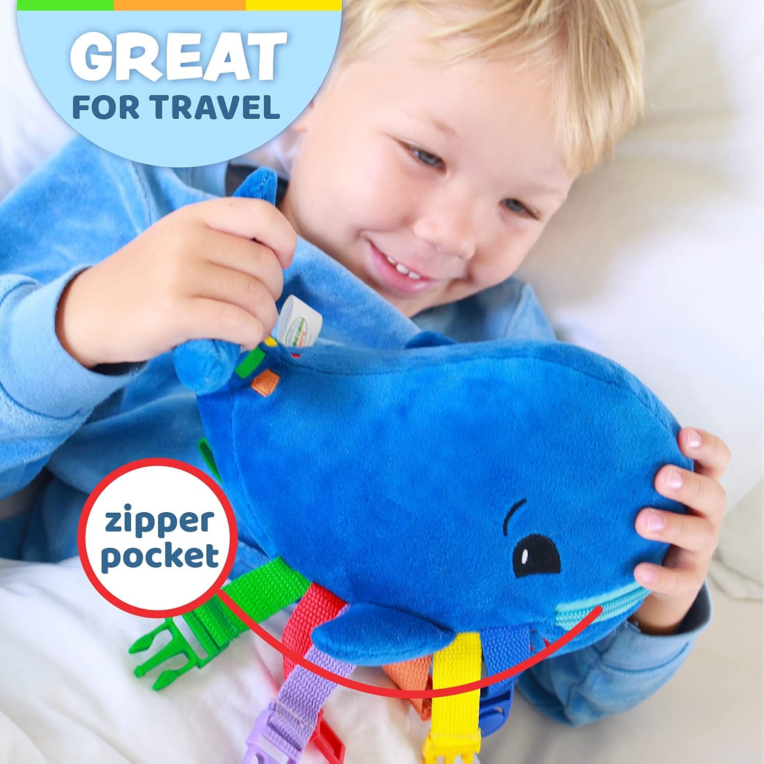 Buckle Toys - Blu Whale - Develop Motor Skills and Problem Solving - Counting and Color Recognition - Easy Travel Toy - Learning Material - Pre K Activity Stuffed Animal - Image 5