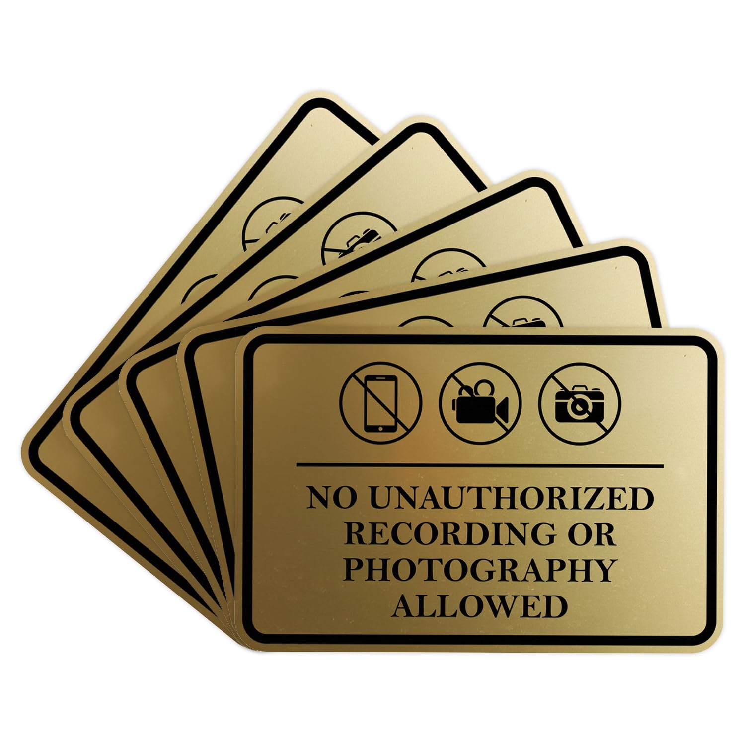 Classic Framed No Unauthorized Recording or Photography Allowed Door or Wall SignDurable Material | Easy Installation (Brushed Gold) - Large (5 Pack)