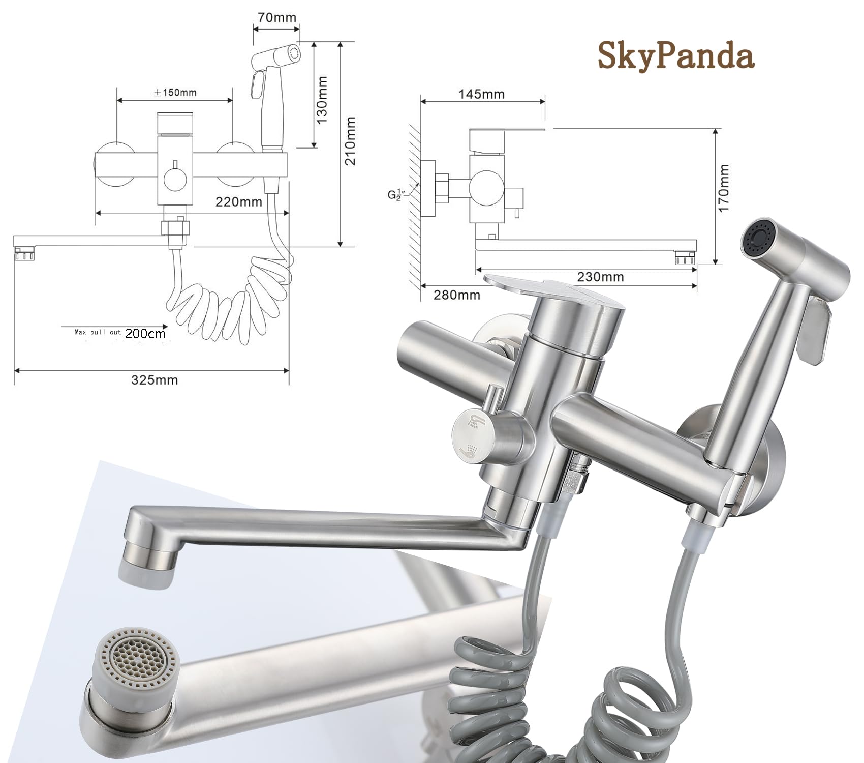 Hausharbor Keuken Wandkraan, Wandkraan Keuken met Spuitpistool, 360° Draaibare Keukenkraan voor Wandmontage, Draaiarm 23cm, RVS Geborsteld