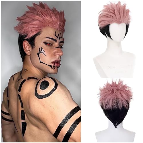 HUNIGIR Ryomen Sukuna Wig Mens Pink Black Wig Layered Pink Anime Hair | Heat Resistant Synthetic for Halloween Costume Cosplay - Pink Black