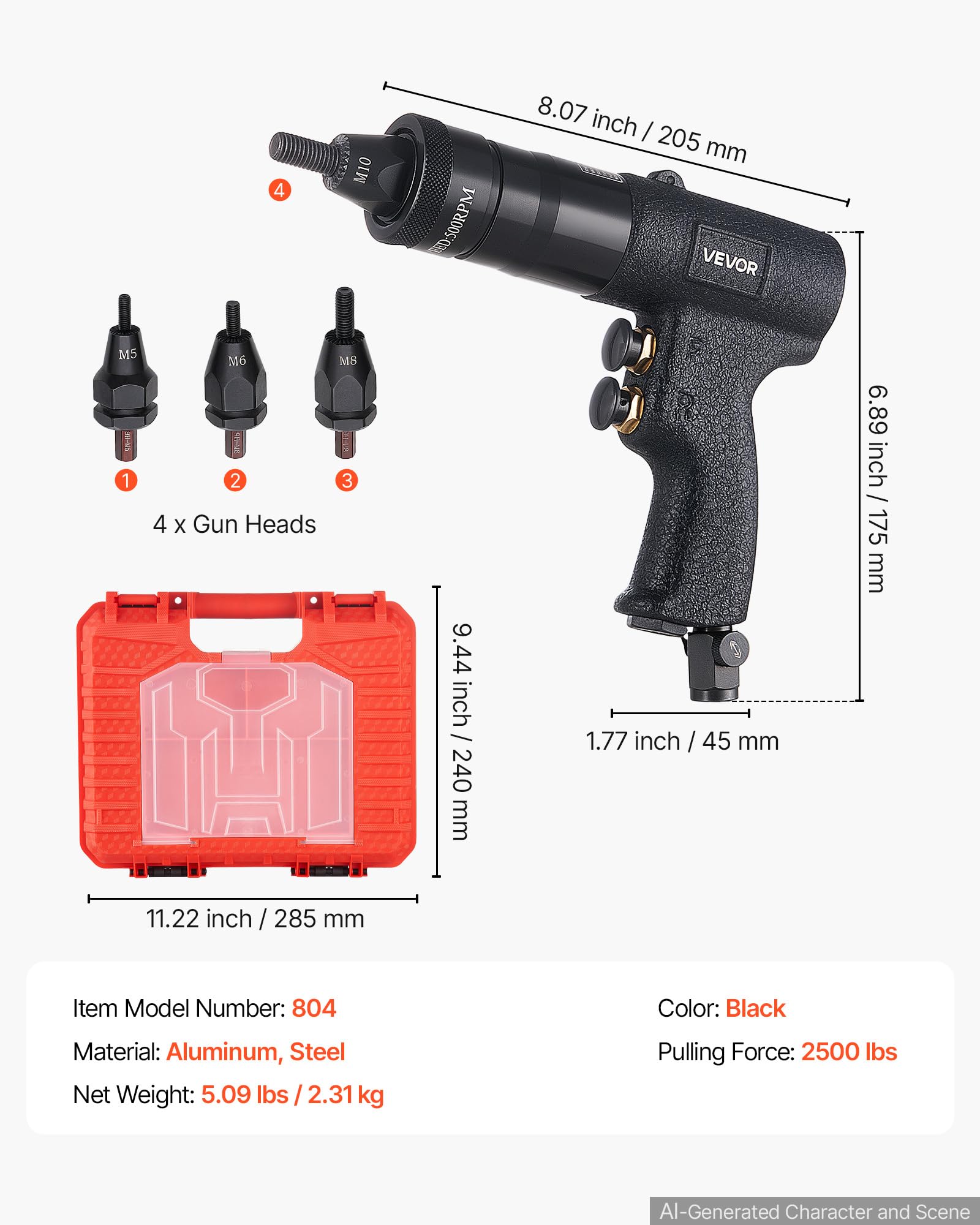 VEVOR Kit Rivettatrice Pneumatica per Inserti Filettati, 20 Pezzi Mandrini | Mandrini M5 M6 M8 M10, Forza di Trazione 1134 kg, Interruttore Avanti/Indietro, per Auto, Edilizia e Produzione Industriale