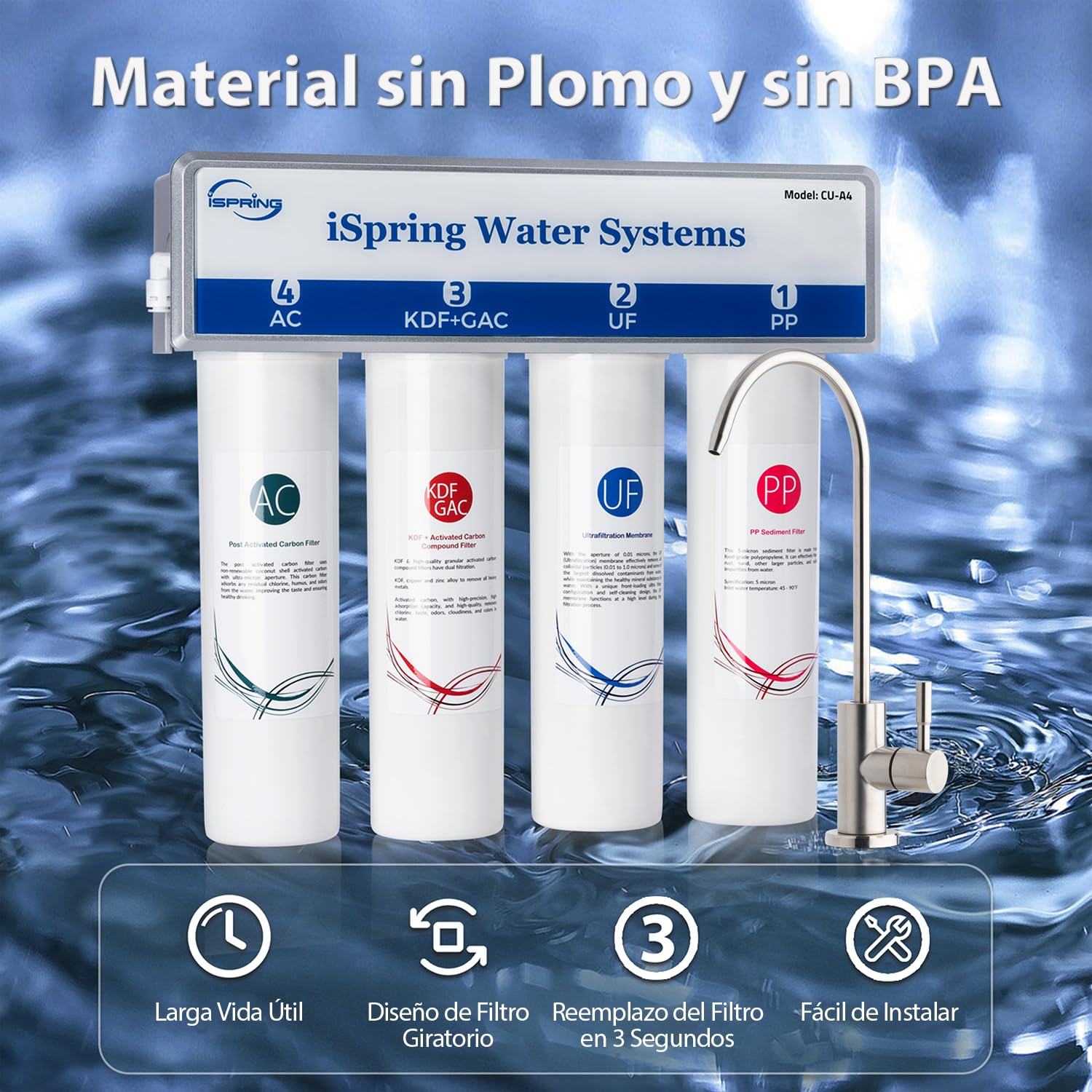 iSpring CU-A4 0.01μm Ultrafiltración Bajo el Fregadero, Sistema de Filtro de Agua, Sin Tanque, 4 Etapas, Alta Capacidad, Elimina el 99,99% de Contaminantes, Cambio Rápido, Filtro con Grifo de Cromo
