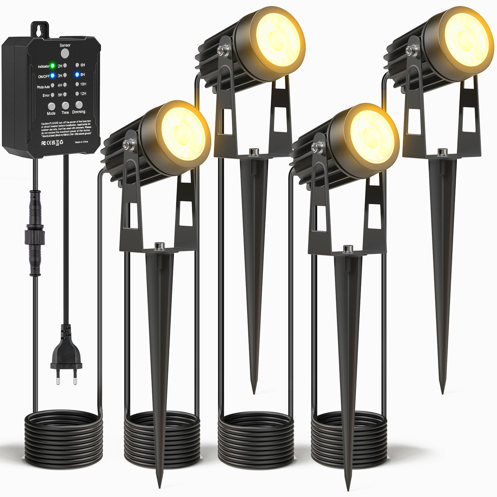 HIBOITEC Ściemniane oświetlenie ogrodowe z transformatorem, 11,4 m, czujnik fotograficzny, reflektor ogrodowy LED, do użytku na zewnątrz, wodoszczelne, 2700 K, oświetlenie ogrodowe z prądem, timer