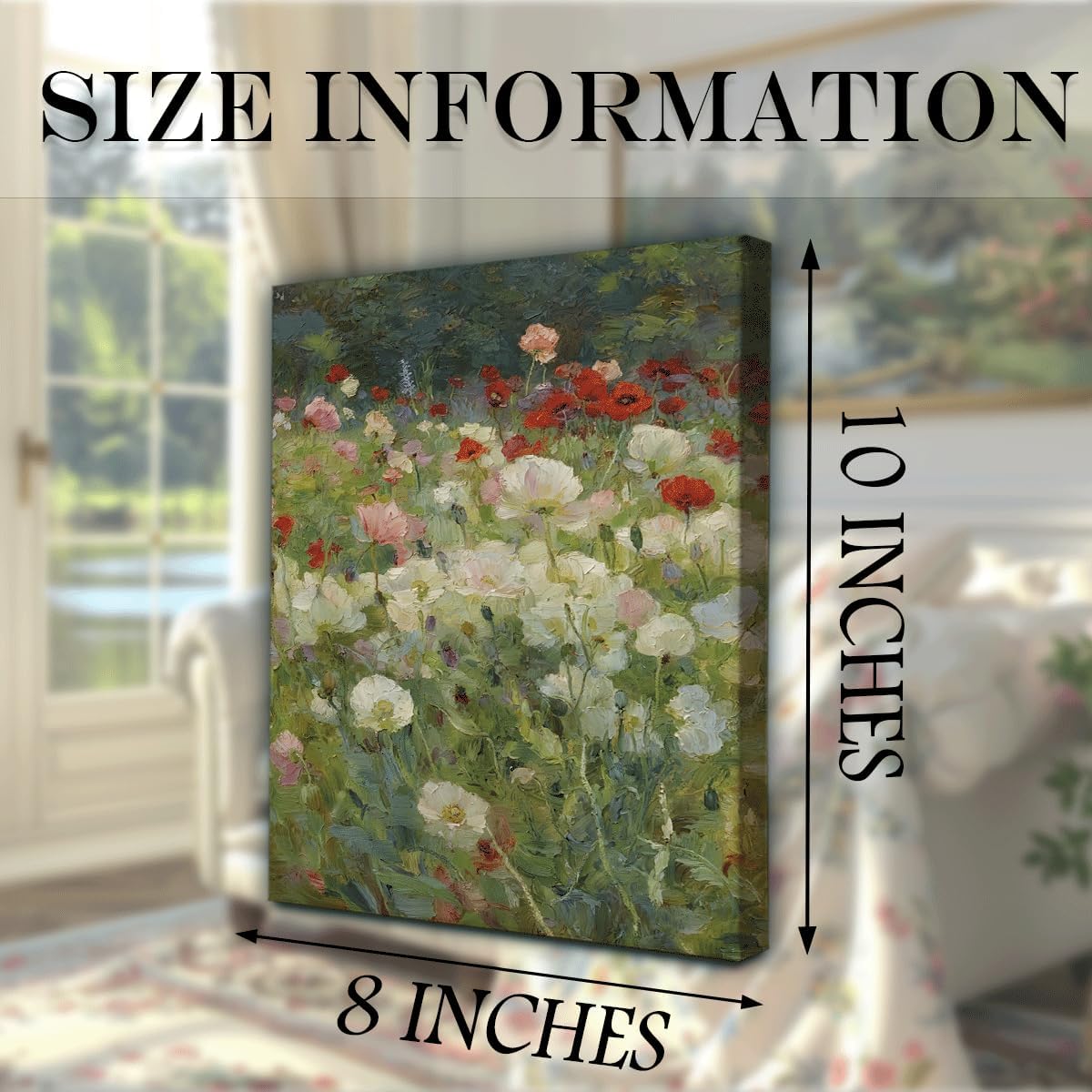 Floral Meadow Canvas Wall Art, Lush Wildflowers in Spring Greens, Cottage Garden Painting, Boho Botanical Wall Decor for Bedroom Office, Gift for Her, Ready to Hang, Tabletop Display, 8x10 Inches