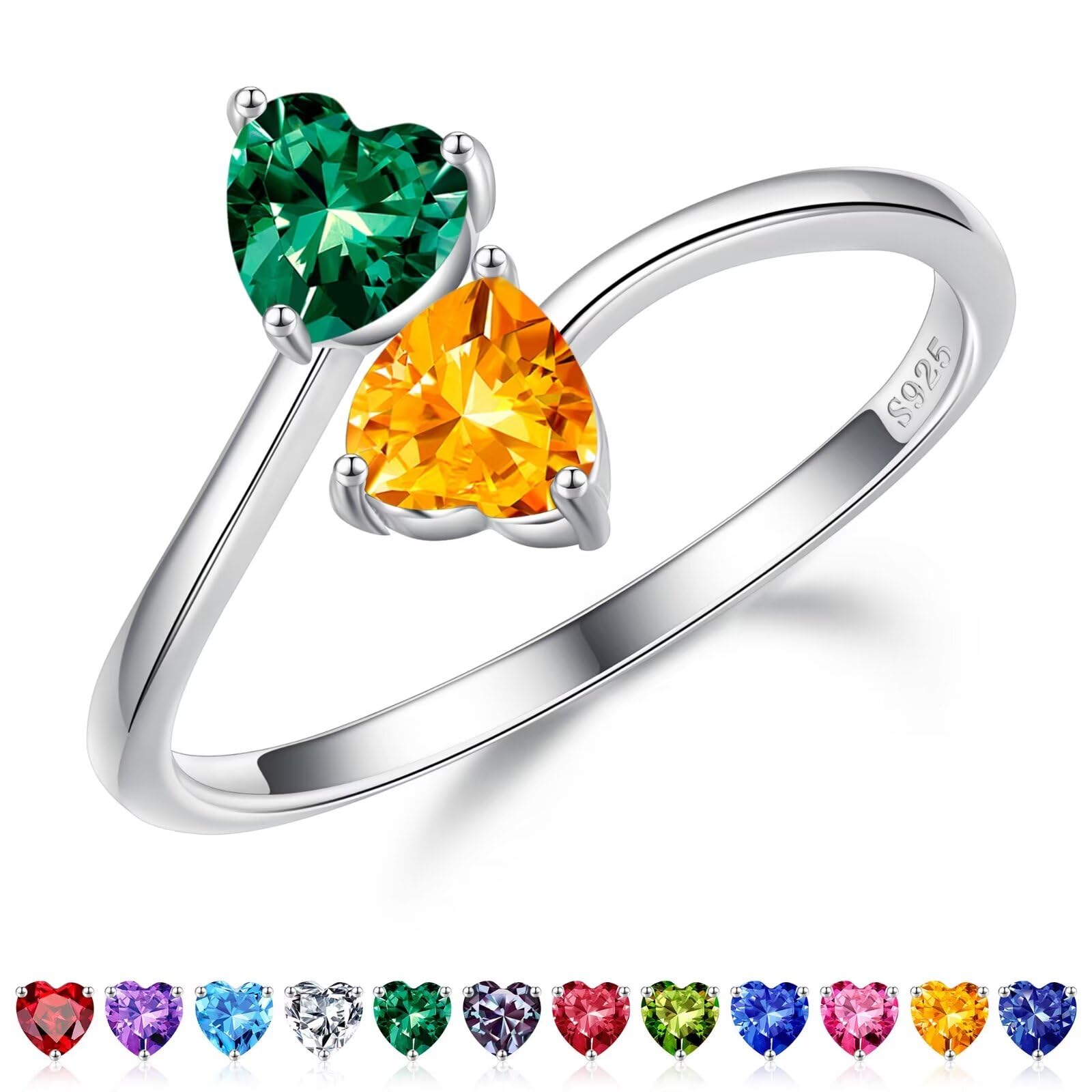 Iefil Adjustable Birthstone Rings for Women - 925 Sterling Silver Double Birthstone Rings, Anniversary & Birthday Gifts for Women, Personalized